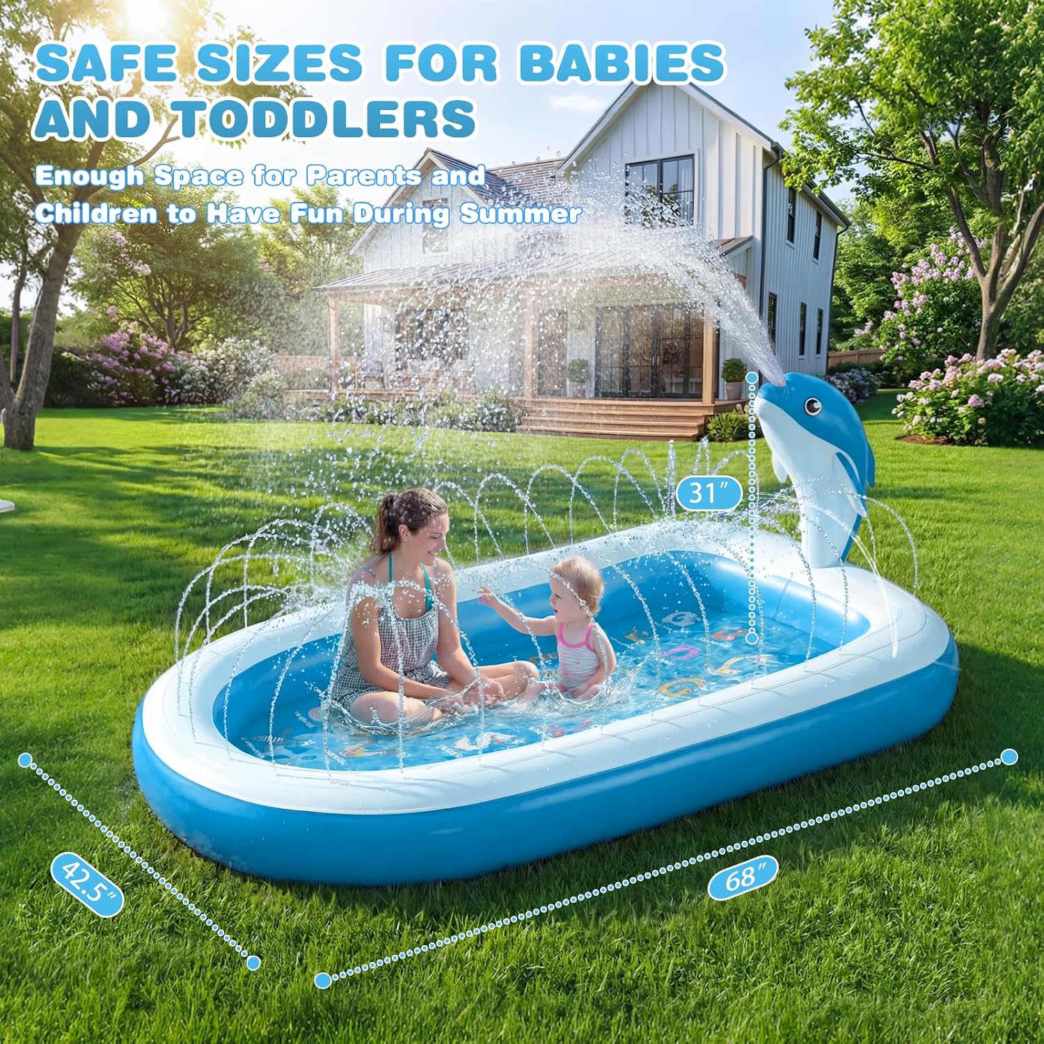 Splash Pads for Toddlers 1-3, Dolphin Toy Sprinkler for Kids, Outdoor Play Mat for Babies, 68" Backyard Inflatable Kiddie Pool, Splash Pad for Kids Ages 4-8, Birthday Gifts for 1 Year Old Boy Girl - Image 3