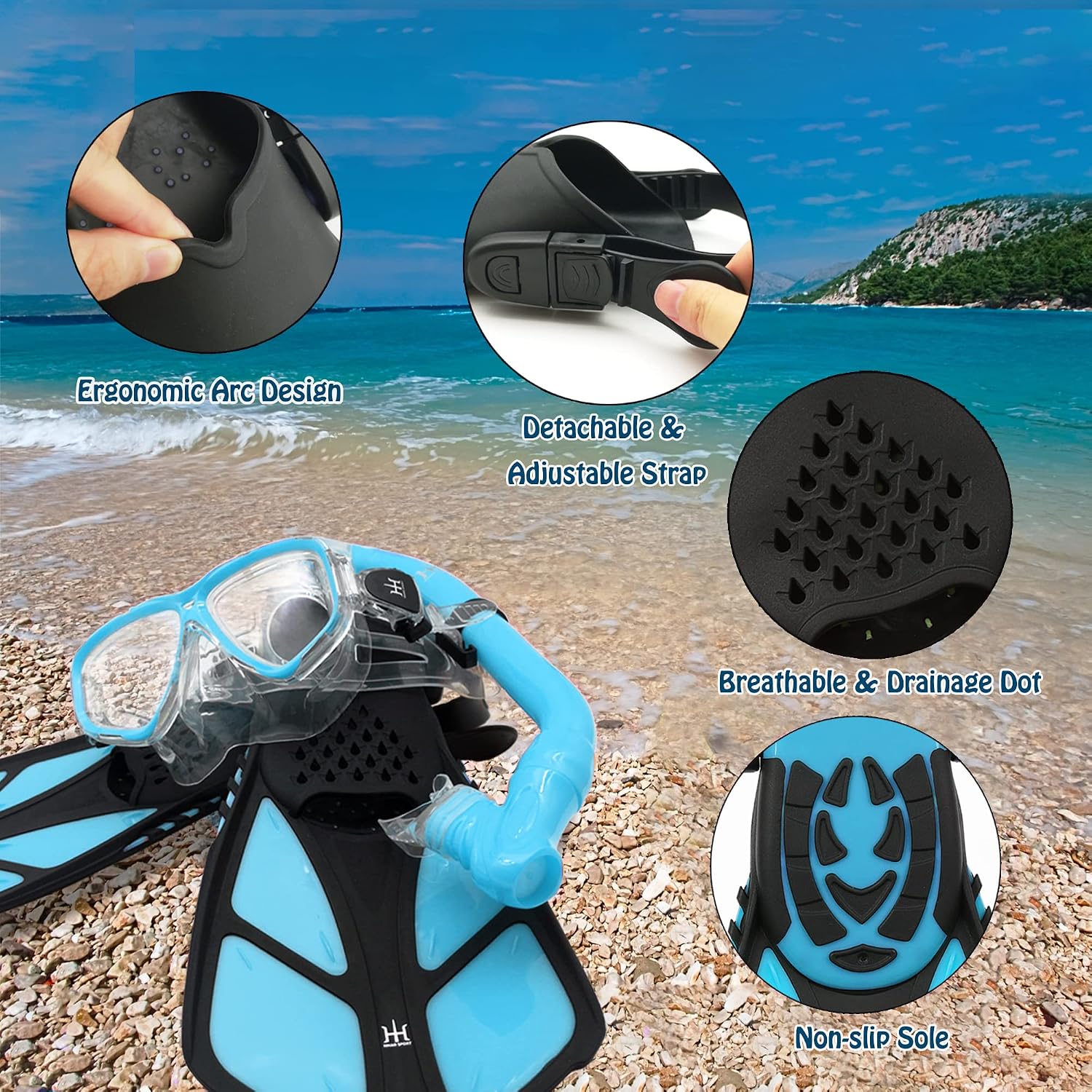 Kids Mask Fins Snorkel Set Snorkeling Packages, with Diving Mask, Snorkel, Adjustable Swim Fins, Mesh Bag, Anti-Fog Anti-Leak Snorkeling Gear for Kids for Snorkeling Swimming Diving - Image 4