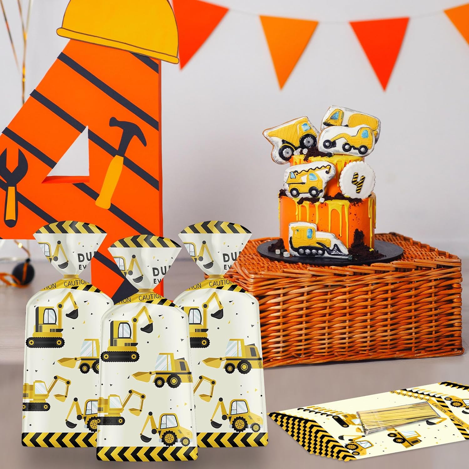 50 Pack Construction Party Favor Bags - Construction Theme Treat Bags, Truck Themed Cello Cellophane Gift Candy Goodie Bag with Gold Twist Ties for Kids Construction Birthday Party Supplies Favors - Image 2