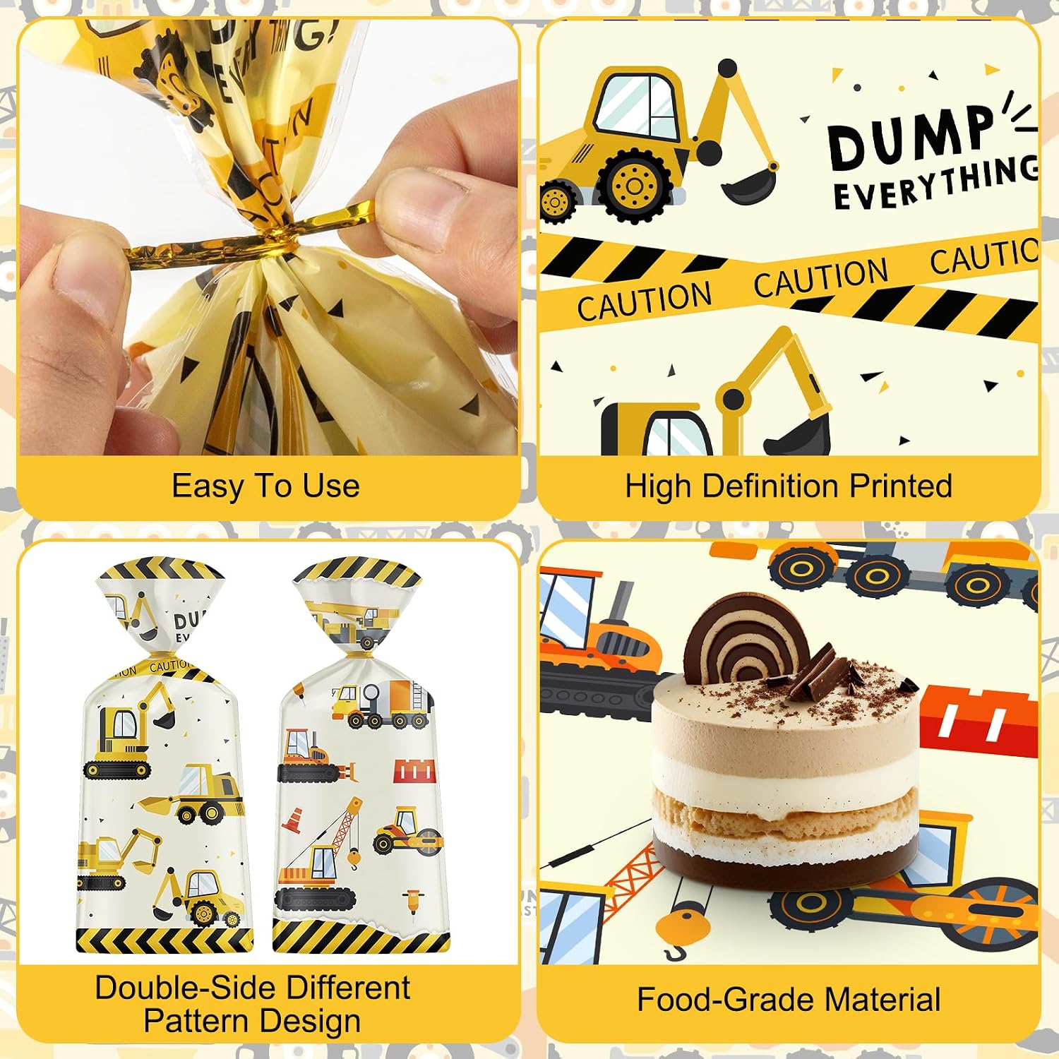 50 Pack Construction Party Favor Bags - Construction Theme Treat Bags, Truck Themed Cello Cellophane Gift Candy Goodie Bag with Gold Twist Ties for Kids Construction Birthday Party Supplies Favors - Image 5