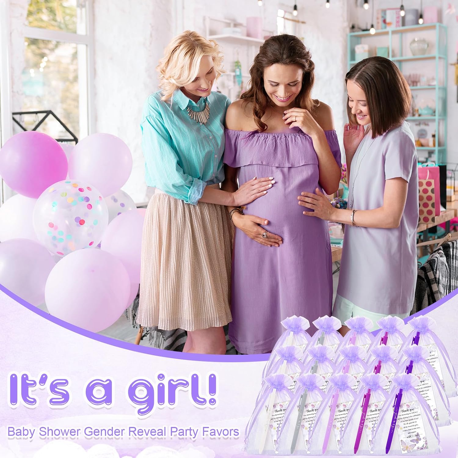 Chuangdi 50 Set Baby Shower Pens Favors for Guests It's a Boy Girl Ballpoint Pens Thank You Cards with Organza Bags Gender Reveal Party Favors for Adult Prizes Souvenirs(Purple,It's a girl) - Image 4