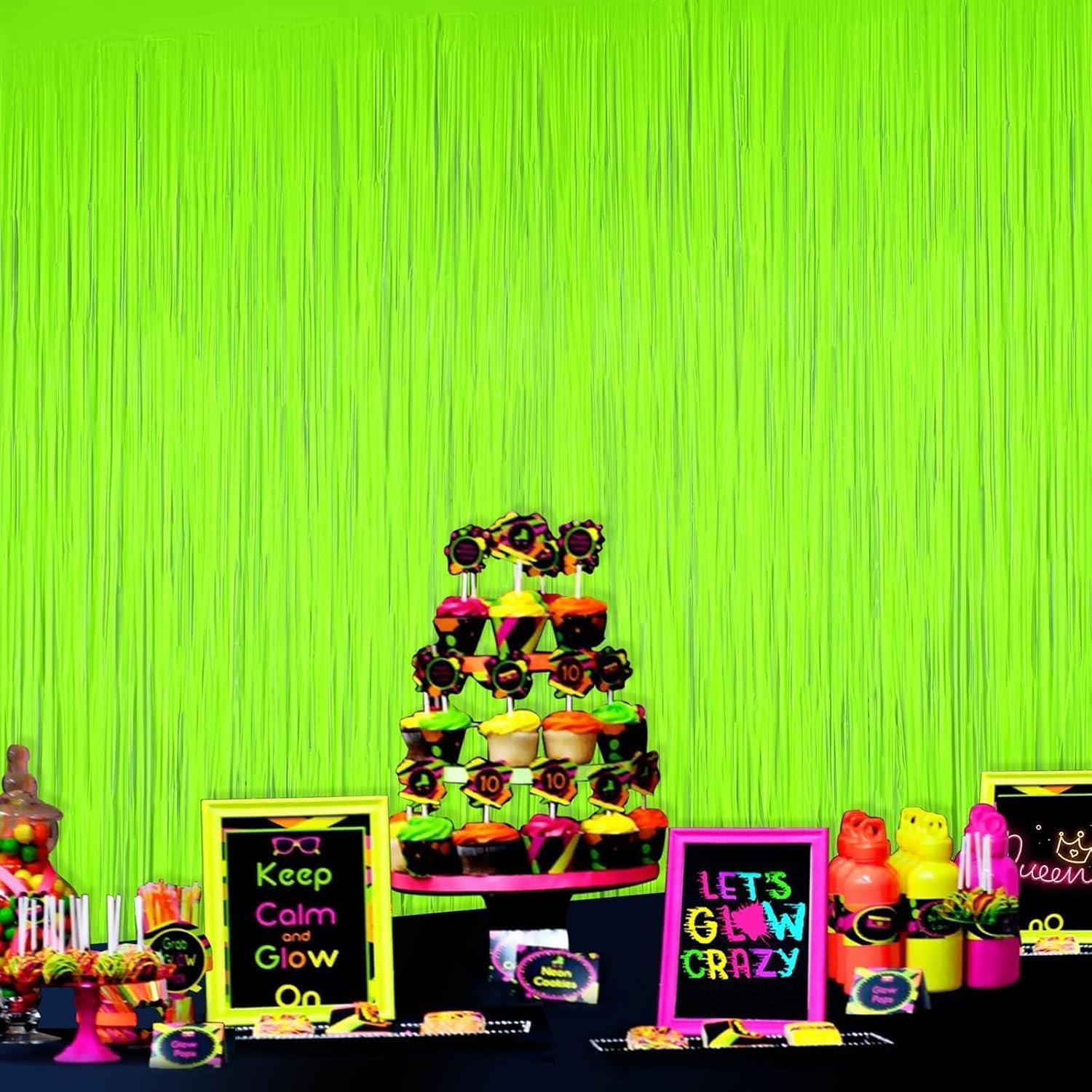Mega-L Glow in The Dark Party Supplies, Neon Party Decorations, 2 Pack 6.6x6.6 ft Fluorescent Green Foil Fringe Curtains, Glow Photo Backdrop for Birthday, Pool Party, Music Festival, Nightclub - Image 5
