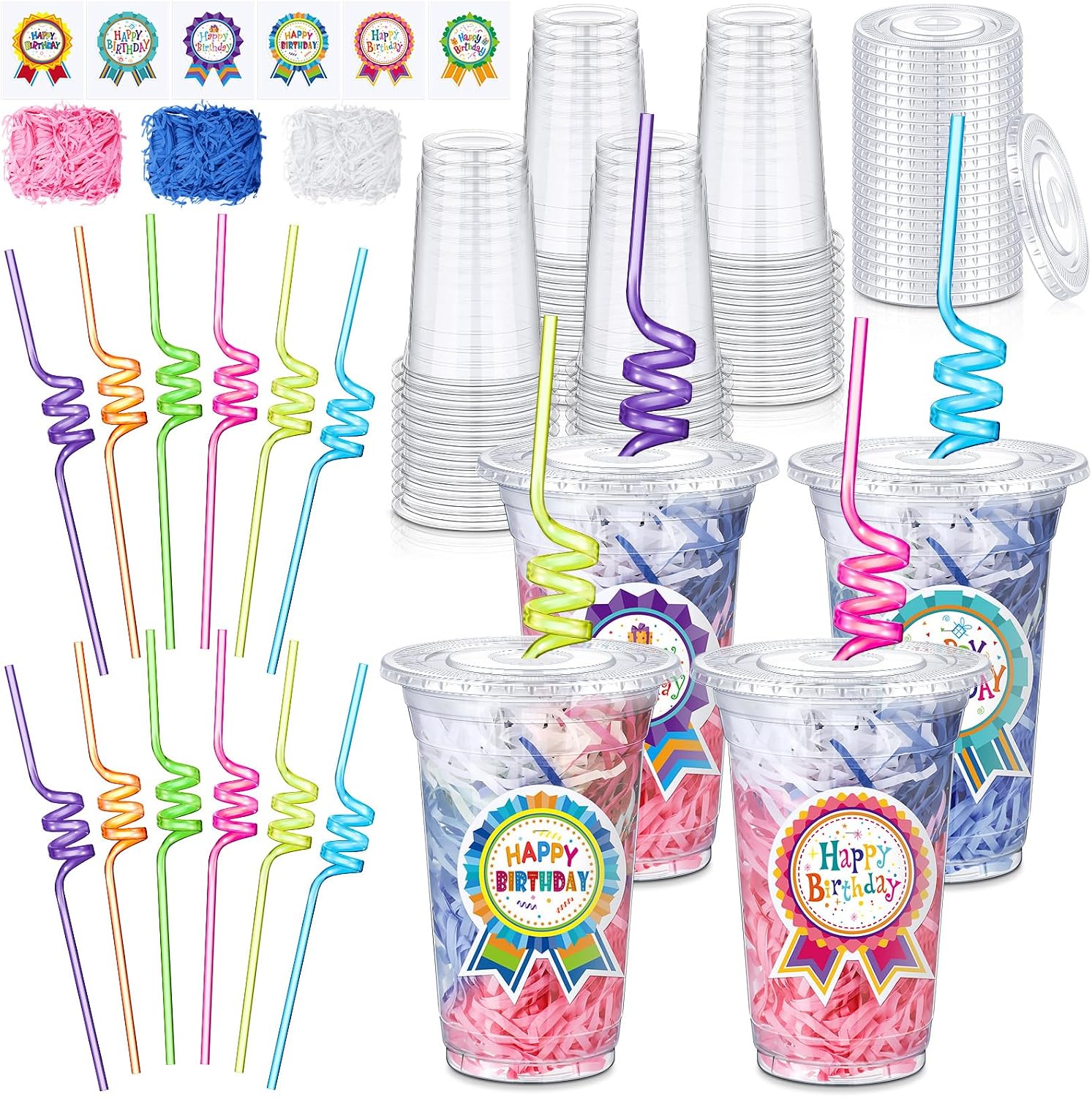Qinyoung 24 Set Creative Happy Birthday Gifts from Teacher Students Birthday Cups with Lid Colorful Straws Sticker and Raffia Plastic Cups for Reward Kids Prize Classroom Party Supplies(Classic)