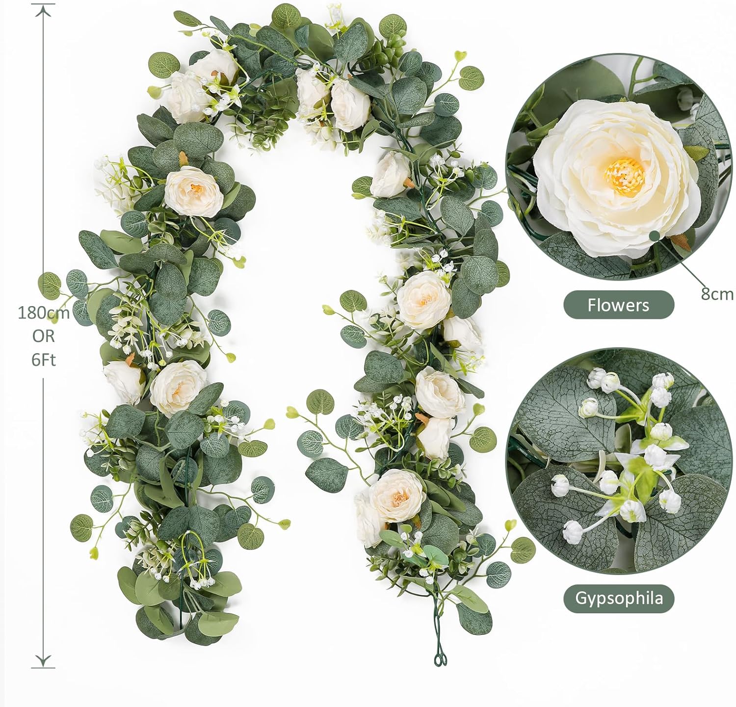 TOCHGREEN 2 Pack 13Ft Artificial Eucalyptus Flower Garland with White Roses, Fake Rose Flower Greenery Garland Floral Vines for Wedding Home Party Table Runner Decor (2PCS, White) - Image 5