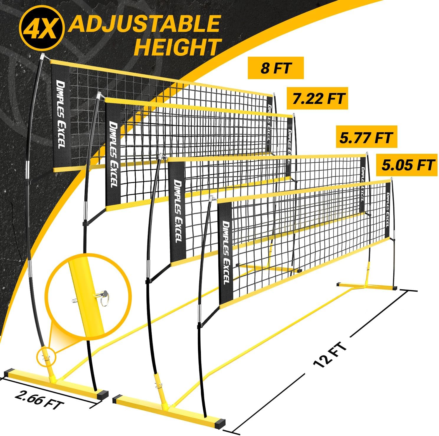 Dimples Excel 12x8 FT Professional Portable Volleyball Net Set with 4 Adjustable Height Levels (5.05–8 FT), Includes Volleyball, Pump, Carry Bag and Sandbags for Indoor/Outdoor Training - Image 2