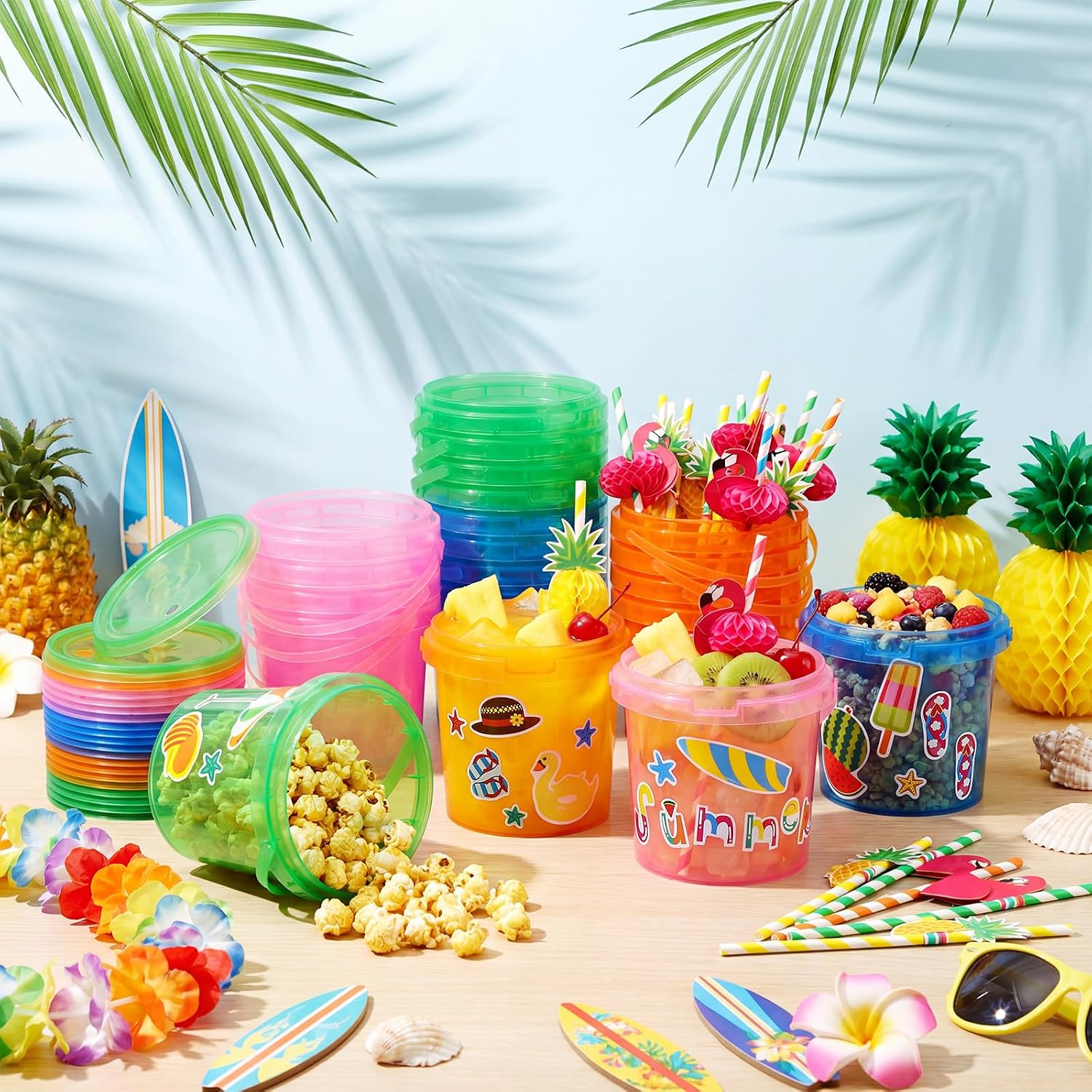 24 Pcs 32 oz Tropical Drink Buckets with Lids and Handles Summer Plastic Drink Bucket with Flamingo Pineapple Straw Reusable Rum Cocktail Bucket with Lids Punch Bowls for Luau Party Beach - Image 4