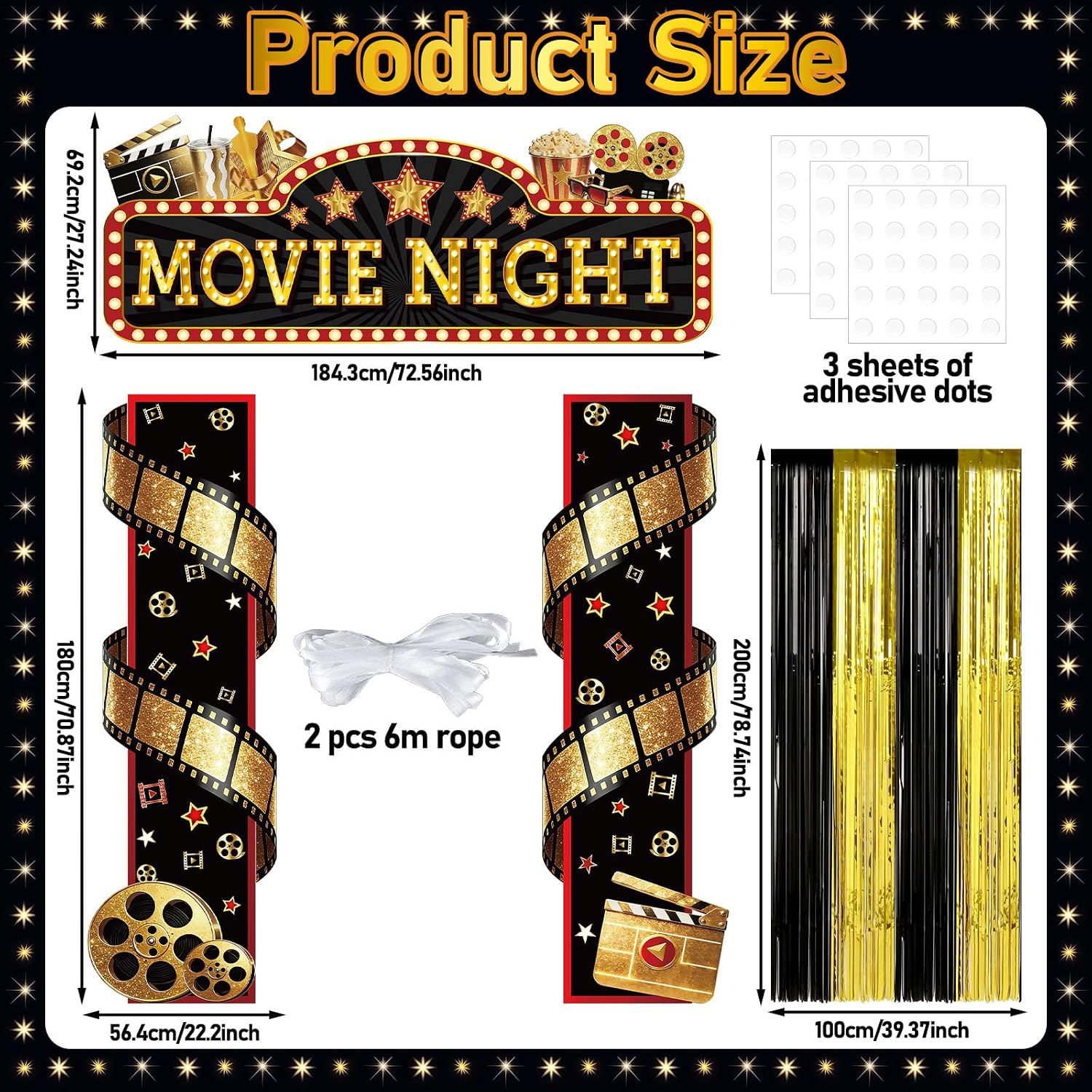 5Pcs Movie Night Porch Banner with Black and Gold Foil Fringe Film Themed Backdrop VIP Entrance Photography Background Red Carpet Party Decor for Graduation Home Outdoor Birthday Party Supplies(Movie) - Image 2