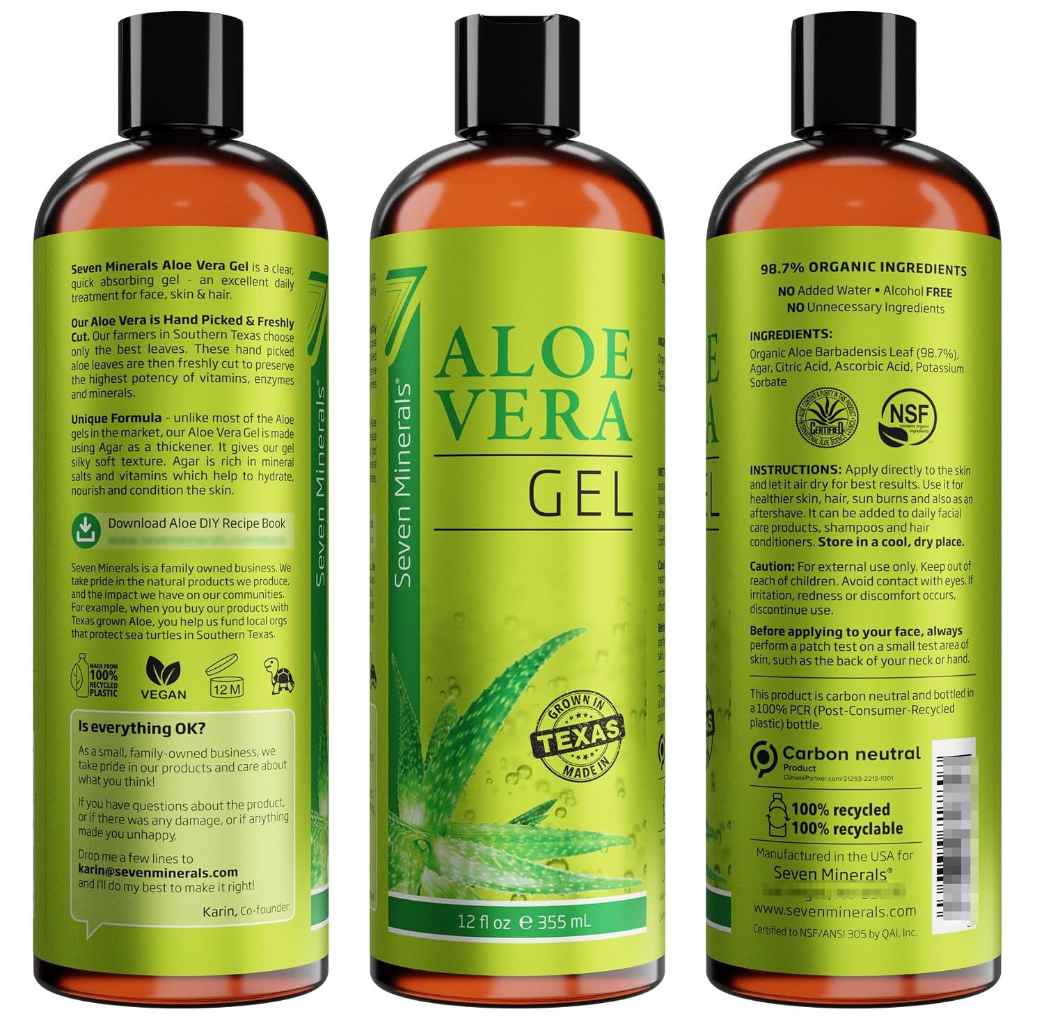 Seven Minerals Aloe Vera Gel with Freshly Cut Pure Organic Aloe - Big 12oz - Texas Grown, HighestQuality, Vegan, Unscented, Non-Sticky - After Sun, Sunburn Relief, Skin & Face Moisturizer, Hair Mask - Image 6