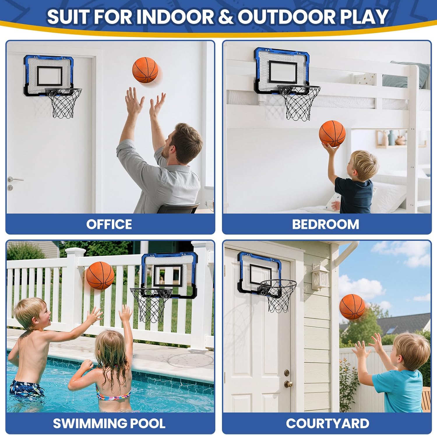 QDRAGON Mini Basketball Hoop, Over The Door Indoor, with 3 Balls/Inflator/Breakaway Rim, Basketball Toy Gifts for Kids and Adults, Suit for Bedroom/Office/Outdoor, Blue Hoop - Image 2