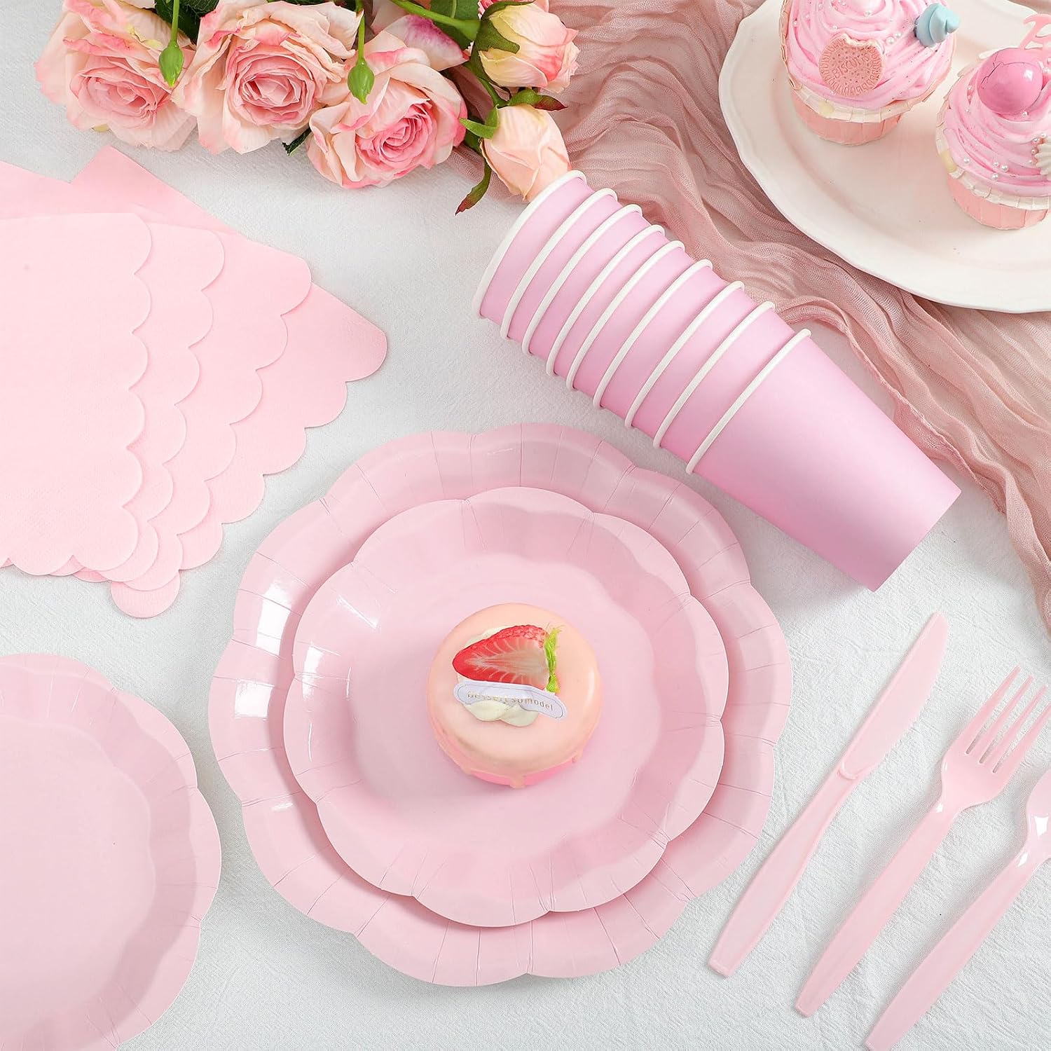 NatNarr 175 Pcs Pink Paper Plates and Napkins Set Include 9" Dinner Plates, 7" Dessert Plate Disposable Scalloped Tableware Serve 25 Guest for Wedding Baby Shower Bridal Shower Birthday - Image 3