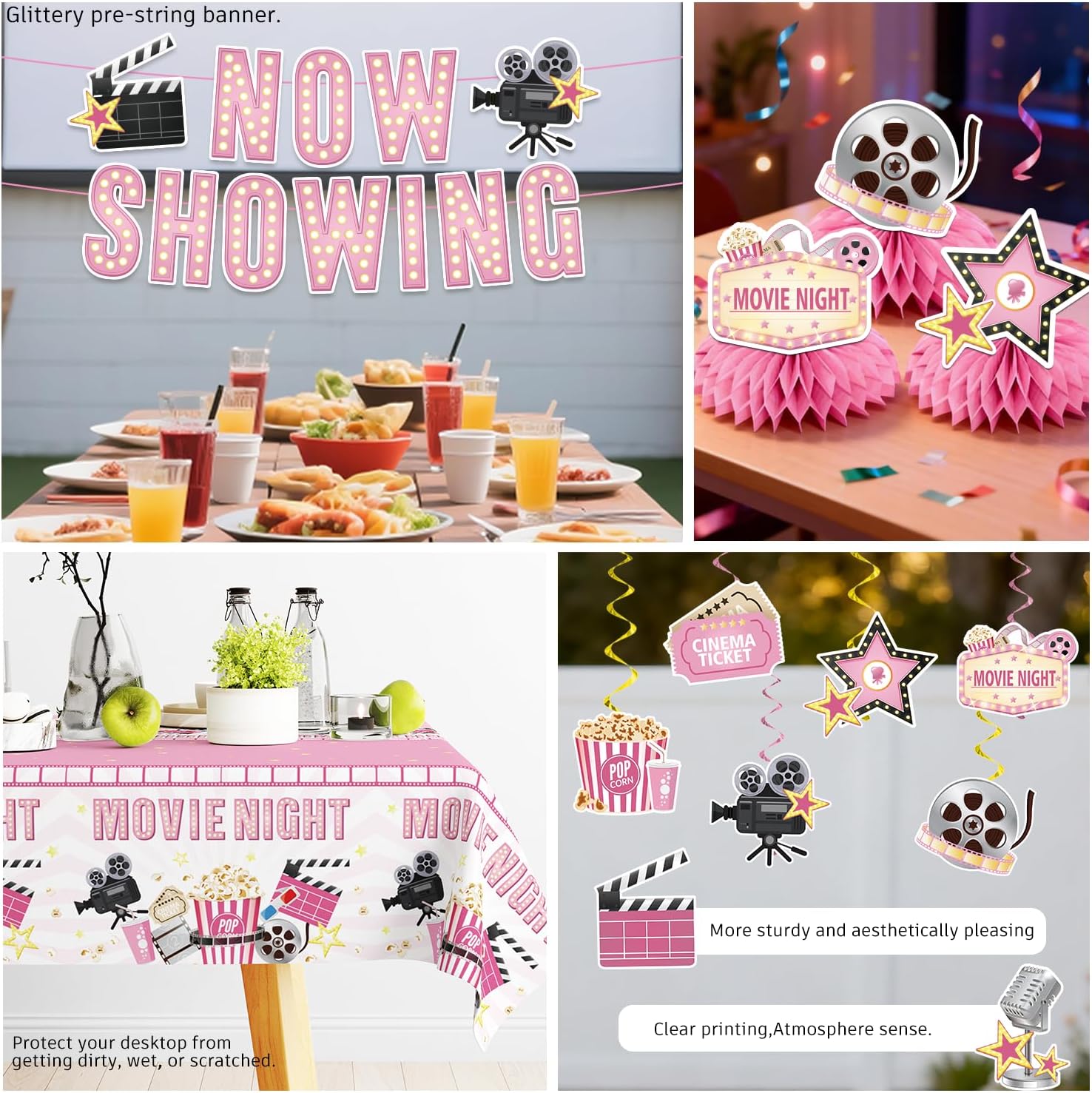 213 PCS Pink Movie Night Decorations, Movie Theme Party Supplies Service 25, with Now Showing Banner, Cake Topper, Balloons, Plates and Napkins for Movie Night Party - Image 7