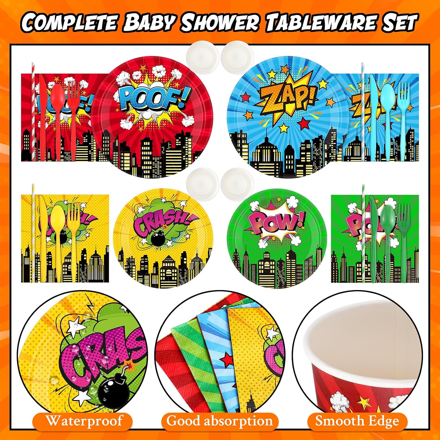 450 Pcs Hero Theme Tableware Set Decorations, Hero Action Themed Disposable Paper Plates Napkins Cups Cutlery Straws for Comic Birthday Baby Shower Party Supplies, Dinnerware Serves 50 - Image 3