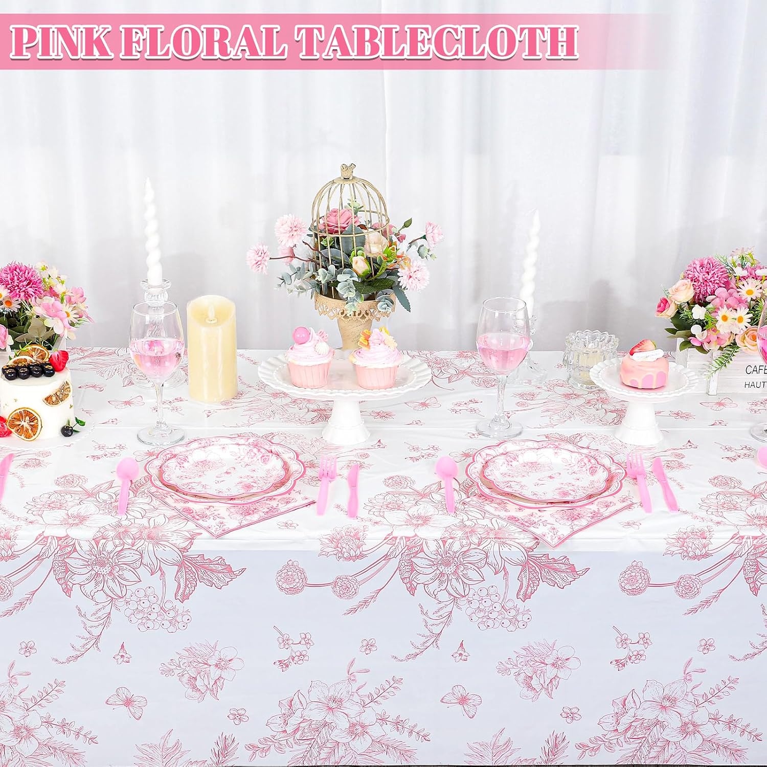 3 Pcs Pink Floral Plastic Tablecloths, 54 X 108Inch Tea Party Tablecloth Disposable Wedding Table Cloth Pink and White Porcelain Tables Decor for Garden Wedding Tea Party Birthday Baby Bridal Shower - Image 3