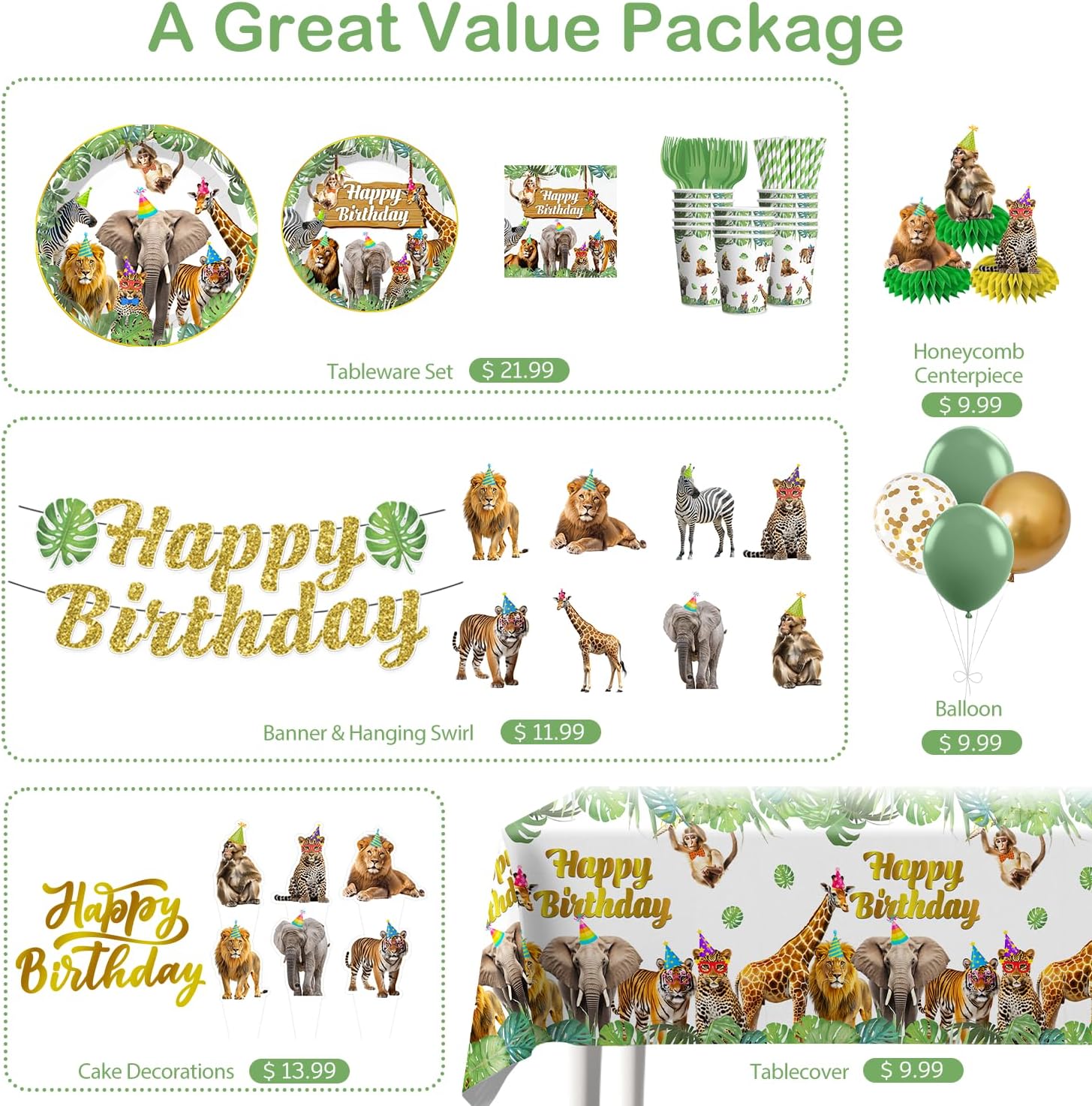 201pcs Safari Birthday Decorations Tableware Set, 25 Serves Safari Plates and Napkins for Party with 2pcs Tablecloth, Banner, Balloons for Jungle Birthday Party Decorations - Image 3
