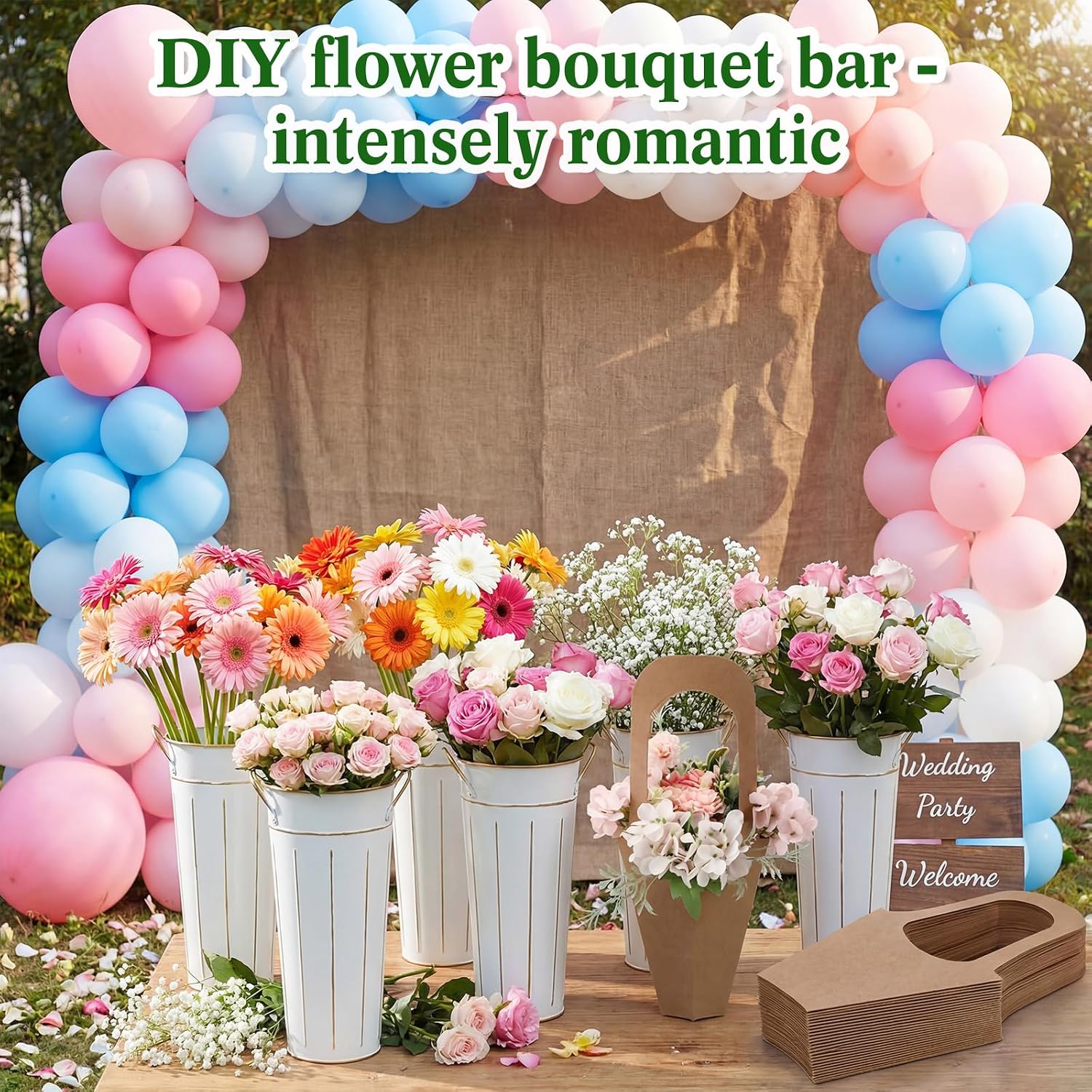 LemonRoad 56 Pcs Flower Bar Buckets Set Kit 6 Pcs Galvanized Bucket Bar 50 Packs Paper Gift Bags for Wedding, Bridal Shower, Graduation Birthday Table Centerpiece(Handheld,Galvanized Iron,11.8 Inch) - Image 5