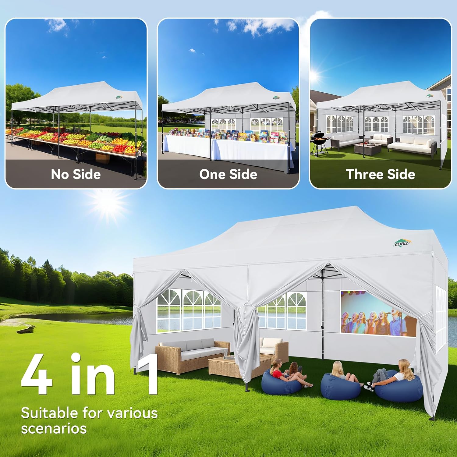 COBIZI 10x20 Heavy Duty Pop Up Canopy Tent with 6 Sidewalls Thicken Frame, Commercial Easy Up Outdoor Wedding Party Tents, All Season Waterproof Windproof with Stakes Sandbags Ropes Roller Bag, White - Image 2