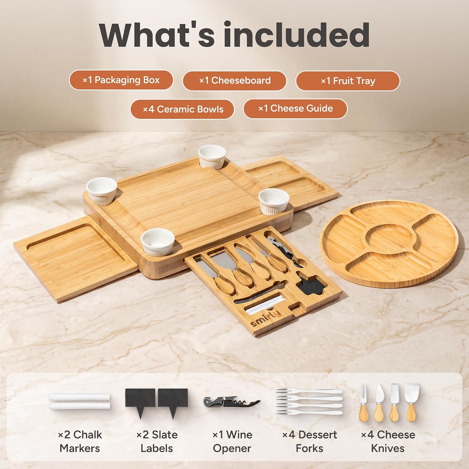 SMIRLY Charcuterie Boards Set - Large Bamboo Cheese Board Set - House Warming Gifts New Home, Wedding Gift for Couple, Bridal Shower Gift, Birthday Gifts for Women - Image 2