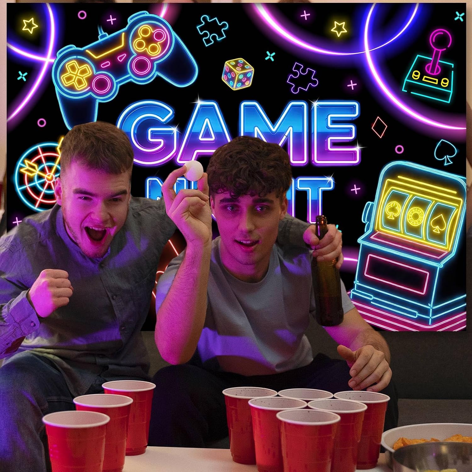 Mocsicka Game Night Theme Photography Backdrops Glow Neon Photo Background for Game On Birthday Party Decor Sleepover Slumber Prom Gaming Party Cake Table Decor Photobooth Supplies (7x5ft) - Image 6