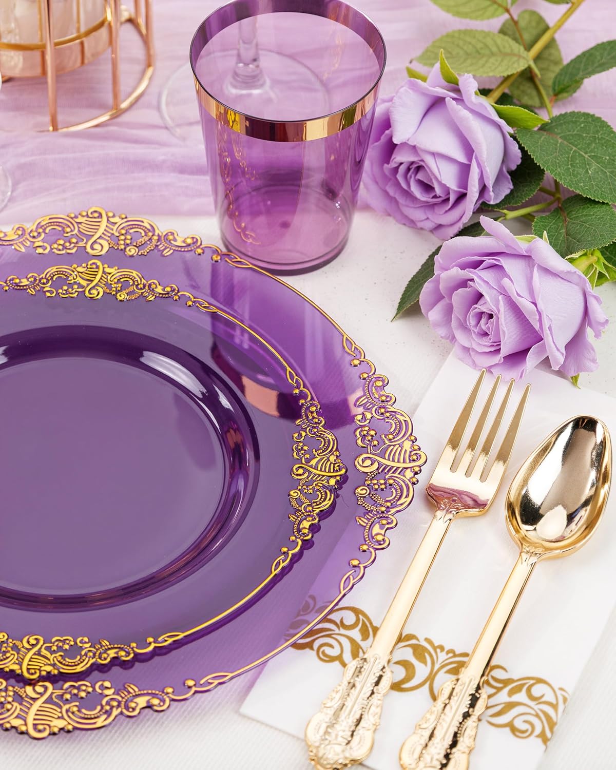 Nervure 175PCS Purple Plastic Plates - Disposable Purple Gold Party Plates & Pre Rolled Napkins with Cutlery for 25 Guests, 50Plates, 75Silverware, 25Cups, 25Napkin for Wedding & Party - Image 5