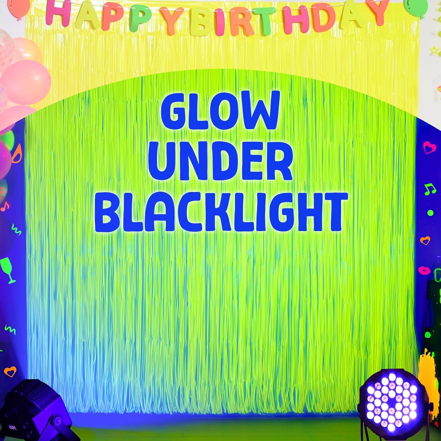 Mega-L Glow in The Dark Party Supplies, Neon Party Decorations, 2 Pack 6.6x6.6 ft Fluorescent Green Foil Fringe Curtains, Glow Photo Backdrop for Birthday, Pool Party, Music Festival, Nightclub - Image 2