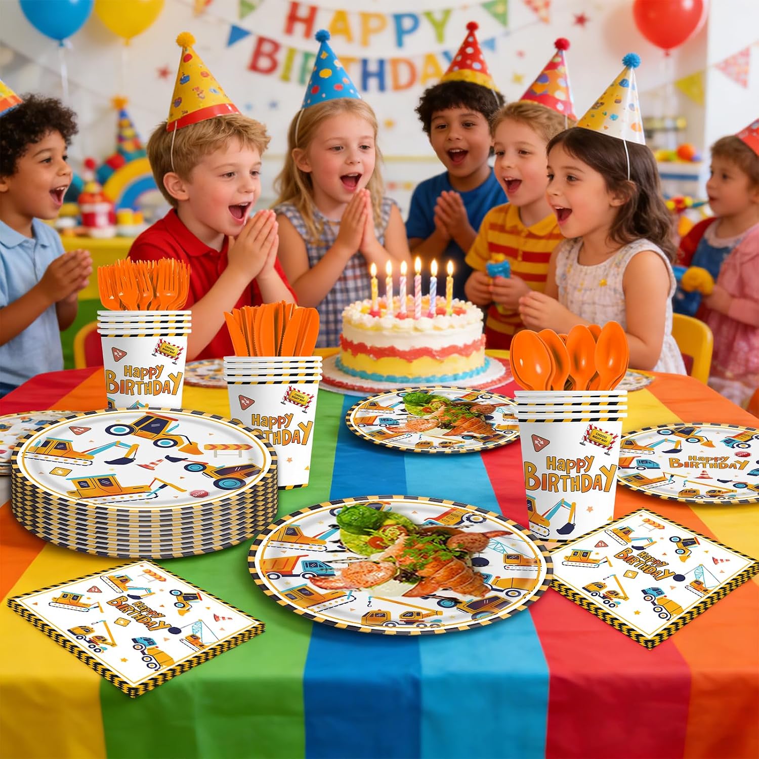 140PCS Construction Birthday Party Supplies Construction Theme Decorations Includes Plates, Cups, Napkins, Cutlery, Perfect for Boys Kids Birthday Party, Serves 20 Guests - Image 7