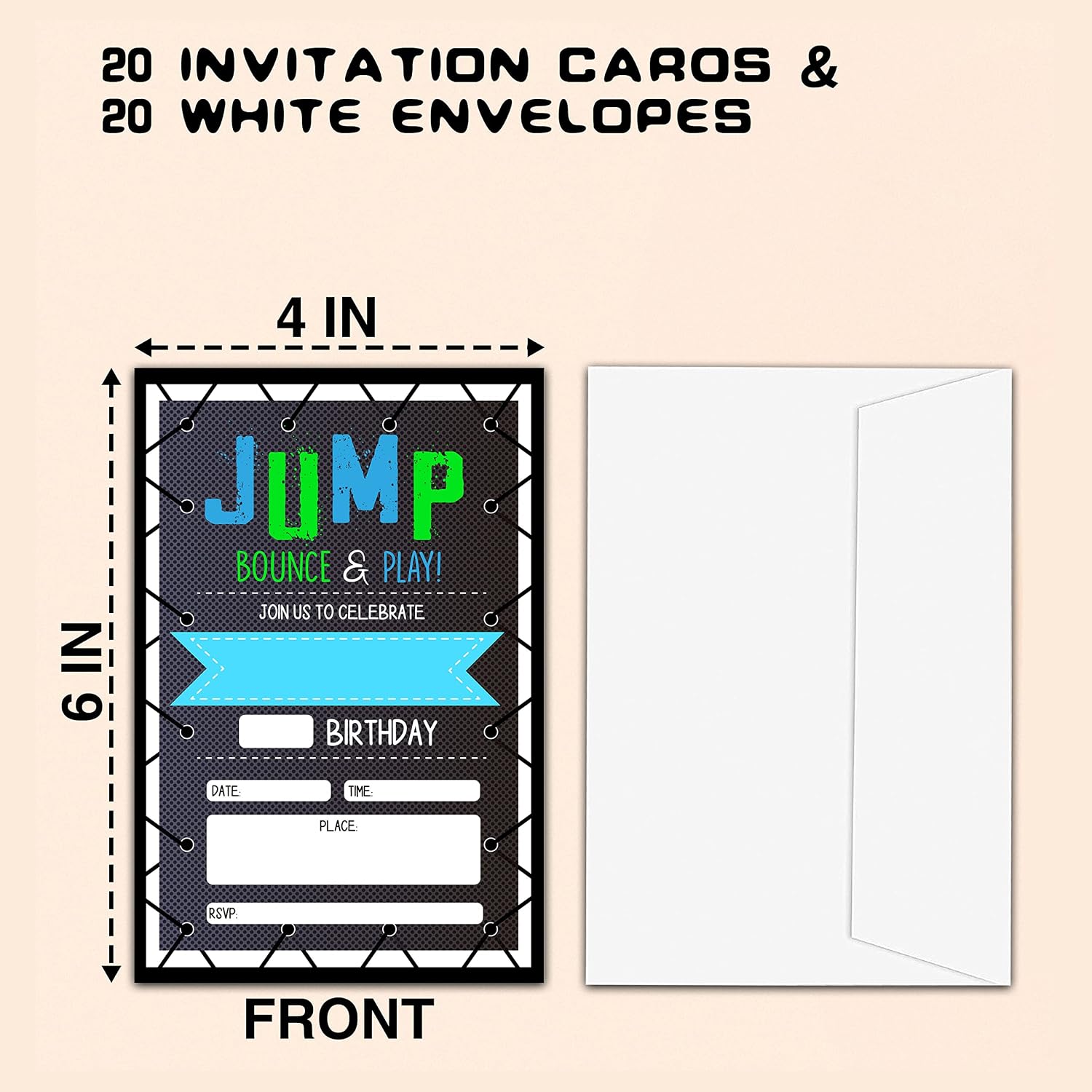 CLIRBE Trampoline Jump Birthday Party Invitations, Bounce House Birthday Invitations For Boys Girls, Kids Birthday Invites, Theme Birthday Party Decorations, 20 Invitations with 20 Envelopes - B02 - Image 2