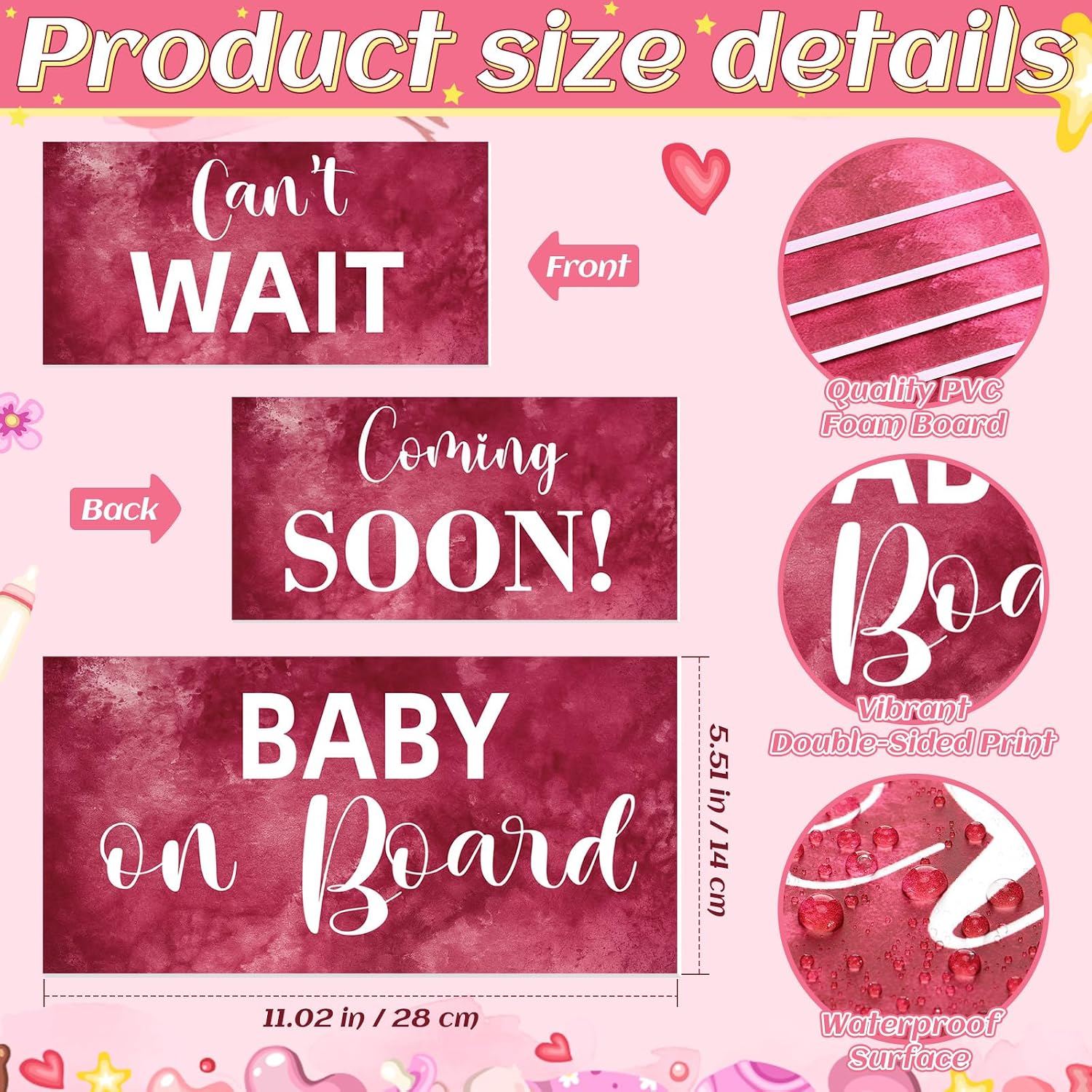 12 Pcs Baby Shower Photo Booth Props PVC Burgundy Baby Shower Photo Booth Sign Kit Decorations, Waterproof Multi Color Double Sided Printing 11.05x5.51'' DIY Selfie Photoshoot Party Supplies - Image 4