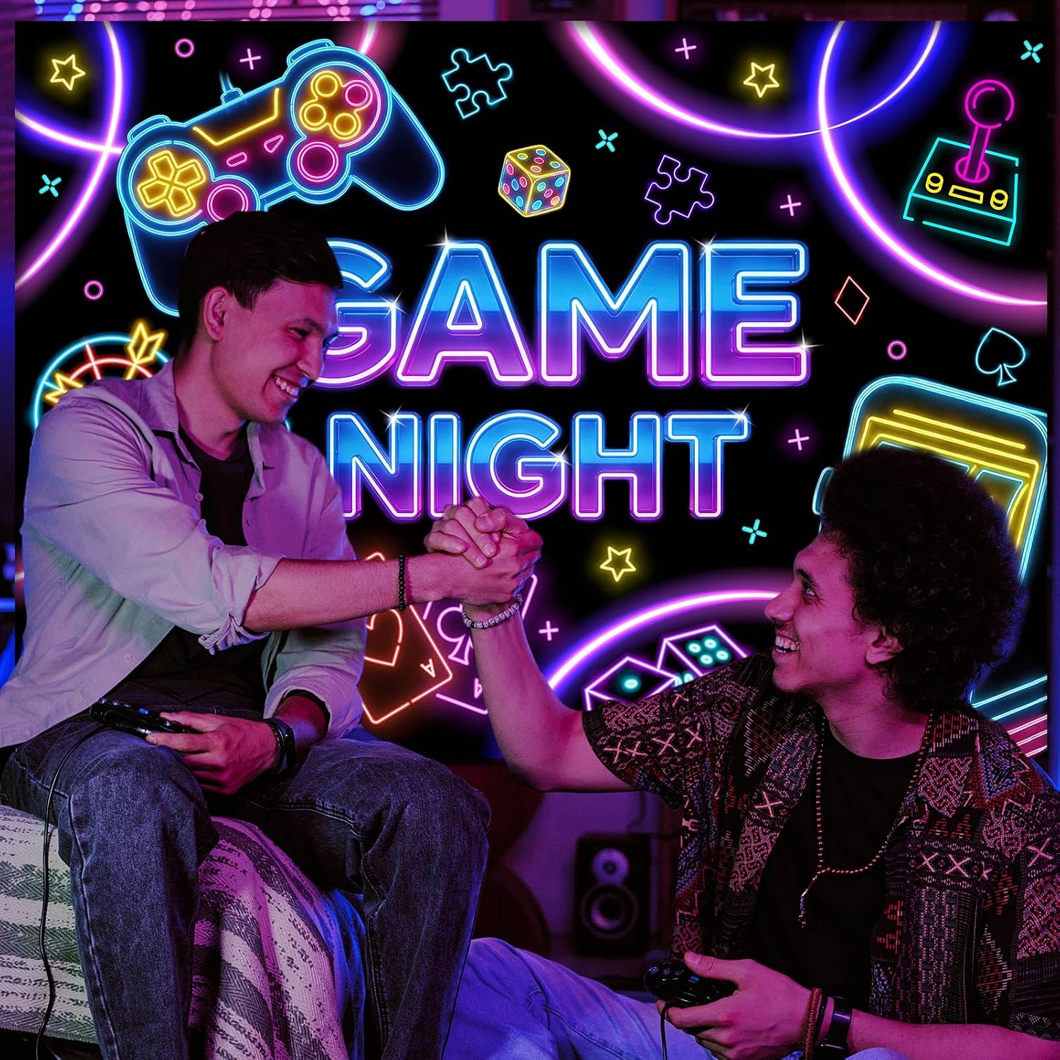 Mocsicka Game Night Theme Photography Backdrops Glow Neon Photo Background for Game On Birthday Party Decor Sleepover Slumber Prom Gaming Party Cake Table Decor Photobooth Supplies (7x5ft) - Image 7