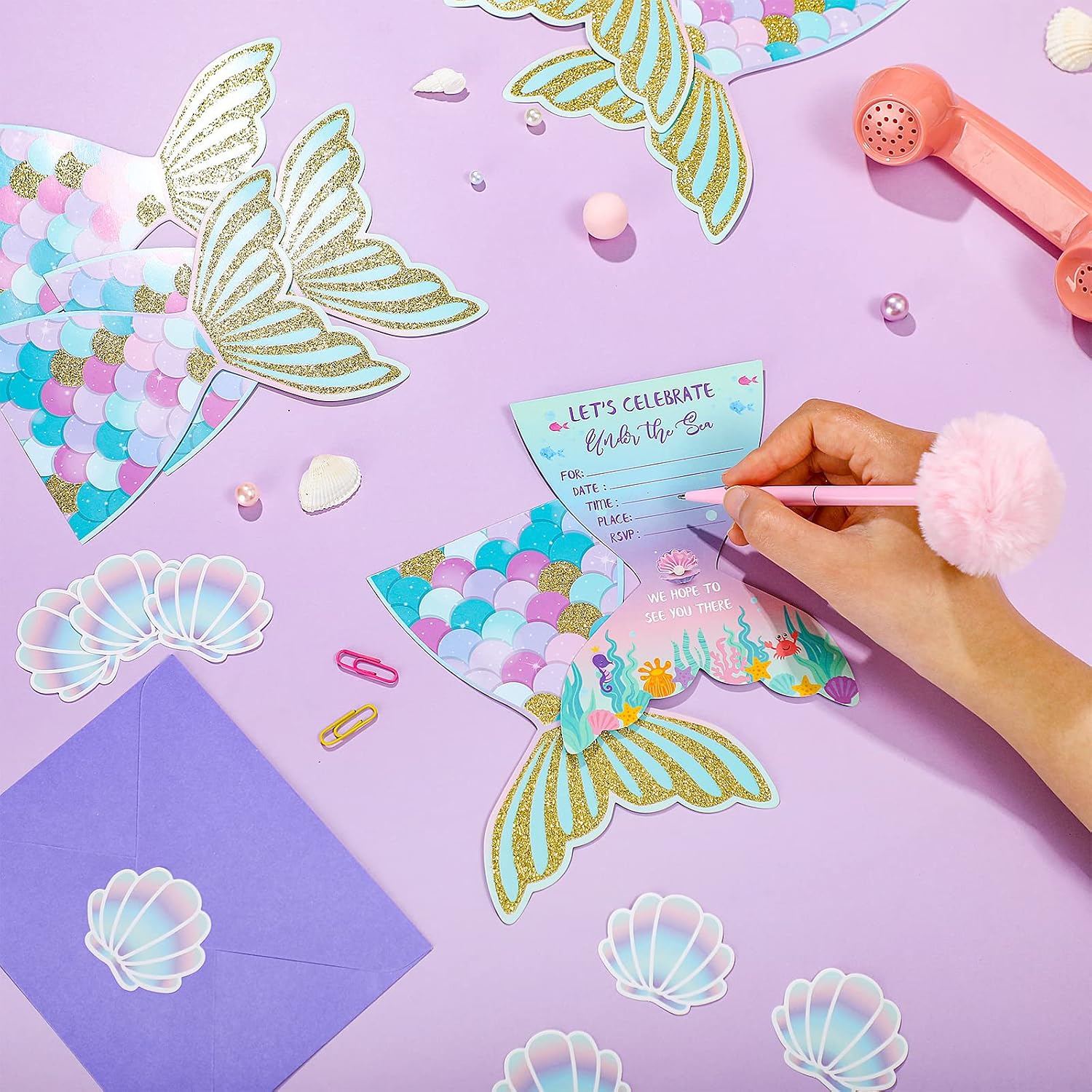 Hotop 24 Sets Mermaid Birthday Invitations with Stickers and Envelopes for Kids Girls, Mermaid Party Invitations Cards for Birthday Baby Shower Party Favors Supplies, 4x6 Inch - Image 3