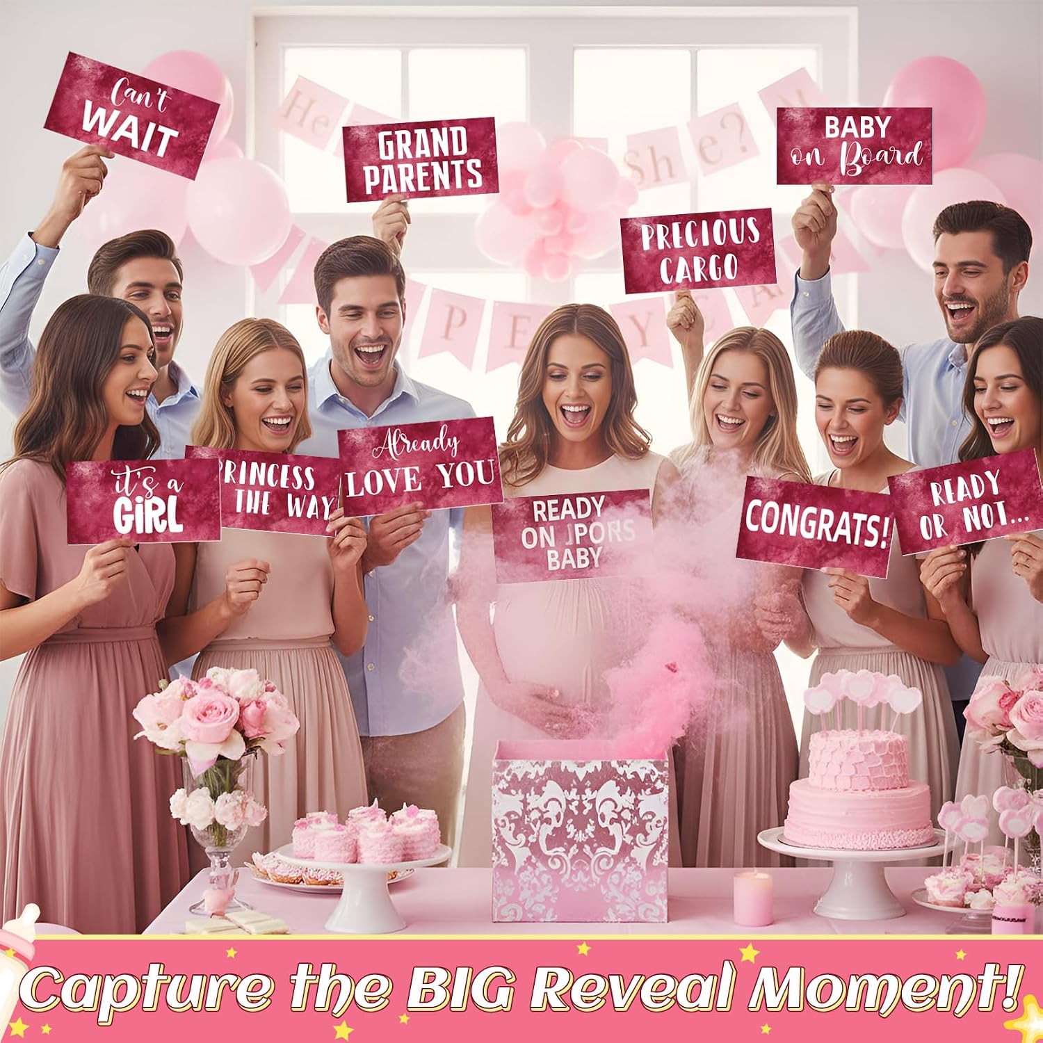 12 Pcs Baby Shower Photo Booth Props PVC Burgundy Baby Shower Photo Booth Sign Kit Decorations, Waterproof Multi Color Double Sided Printing 11.05x5.51'' DIY Selfie Photoshoot Party Supplies - Image 6