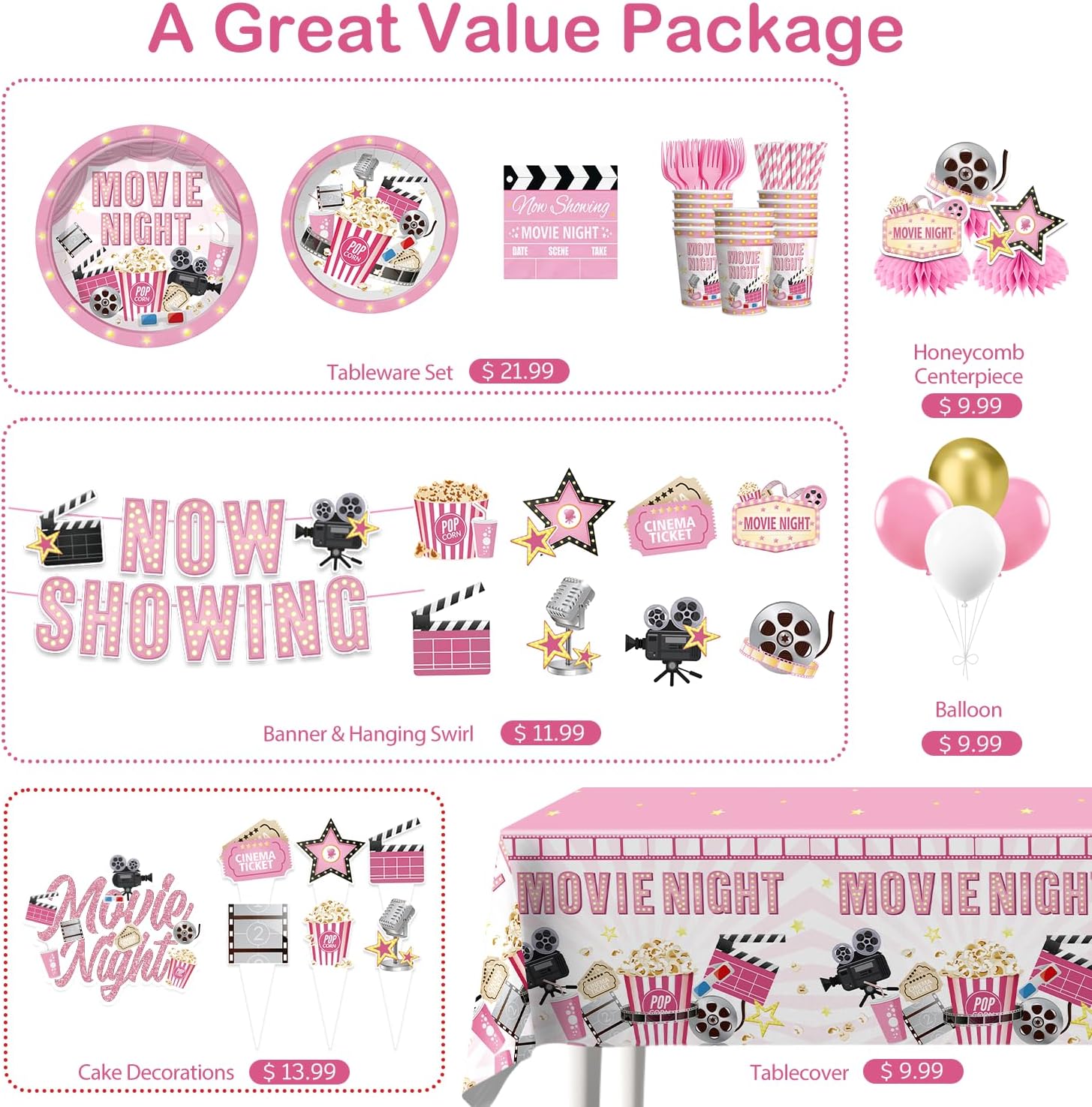 213 PCS Pink Movie Night Decorations, Movie Theme Party Supplies Service 25, with Now Showing Banner, Cake Topper, Balloons, Plates and Napkins for Movie Night Party - Image 3