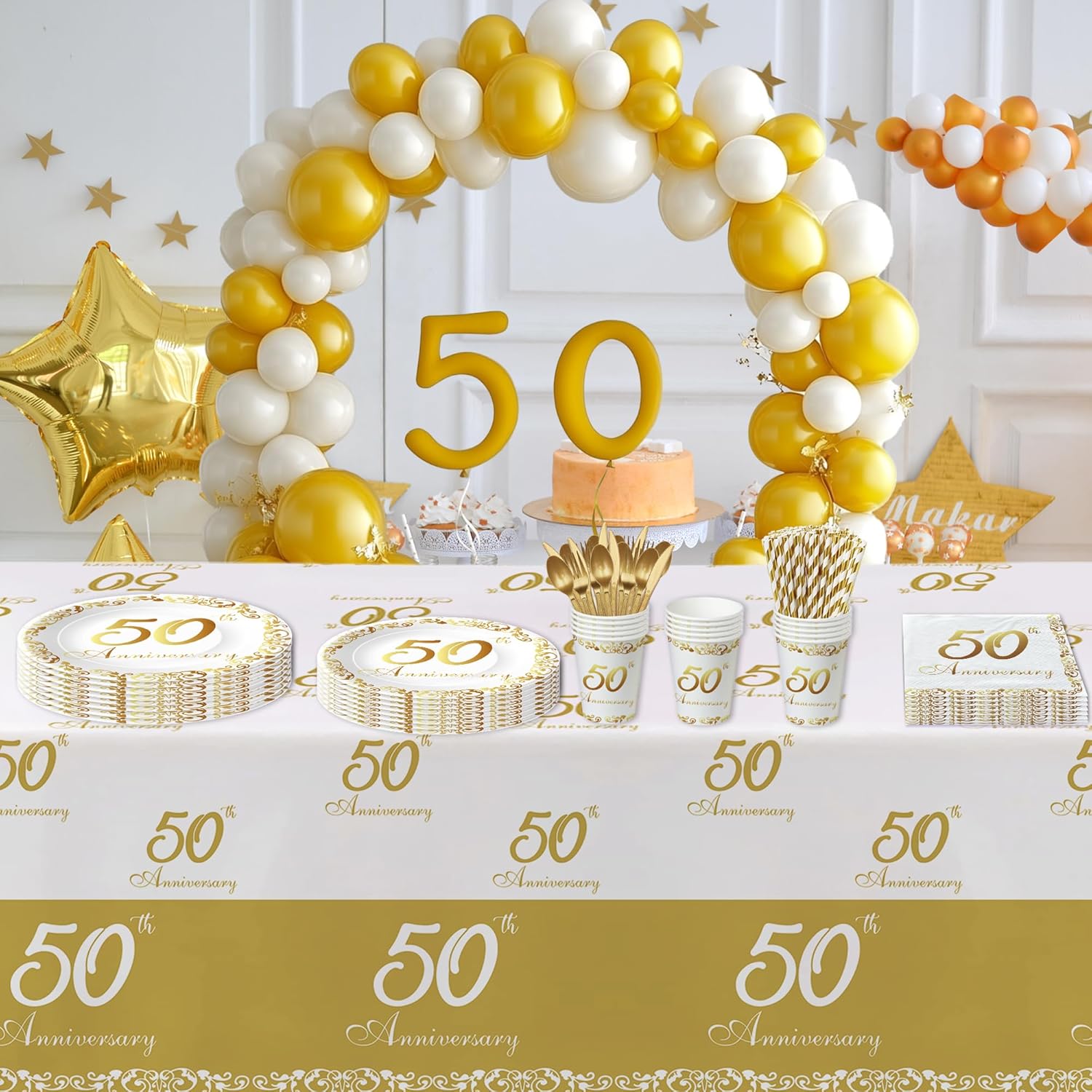 APOWBLS 50th Anniversary Decorations And Supplies Tableware - Golden 50th Wedding Anniversary Decorations Party Supplies, Paper Plate, Napkin, Tablecloth, Fork | Serves 24 - Image 5