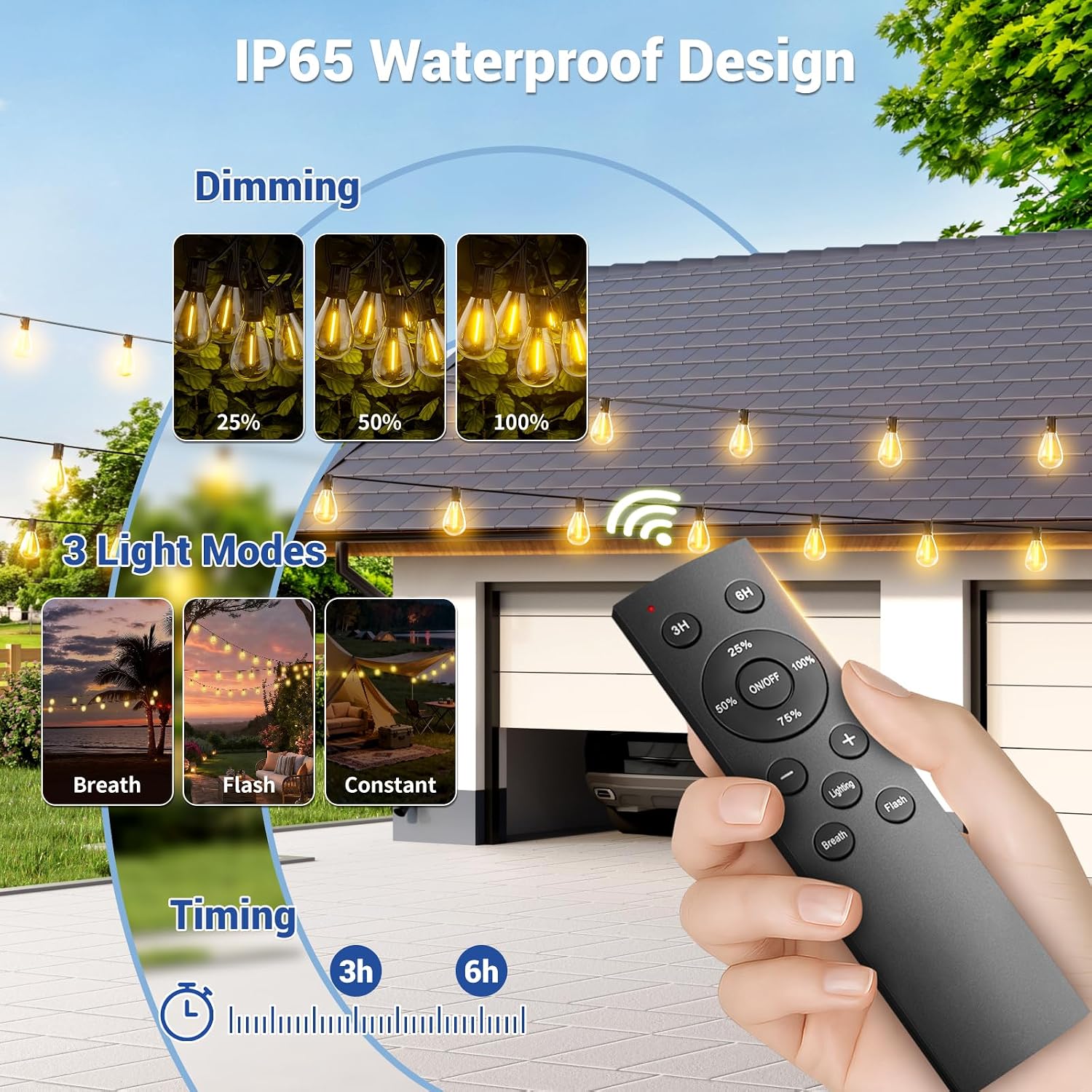 100FT Solar String Lights Outdoor Waterproof, 35+1 LED Solar Powered Lights with Remote Control, 3 Light Modes & Dimmable, USB-C Charging for Patio, Backyard, Garden, Camping - Image 2