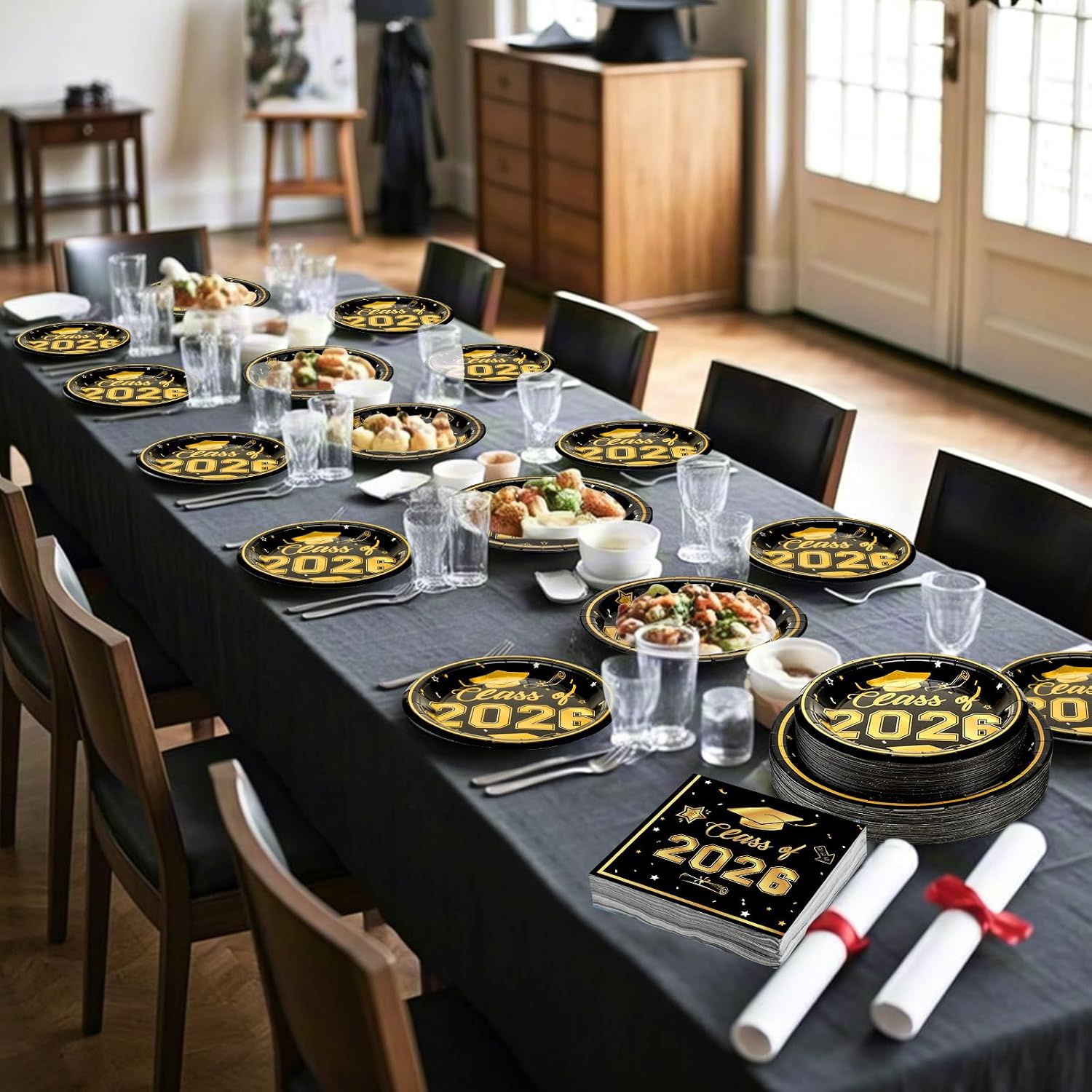 Litmitfu 150 Pcs Graduation Plates and Napkins 2026 - Black Gold Congrats Grad Class of 2026 Paper Dessert Dinner Plates Napkins Set for Graduation Party Decorations Supplies Table Decor, Serves 50 - Image 6