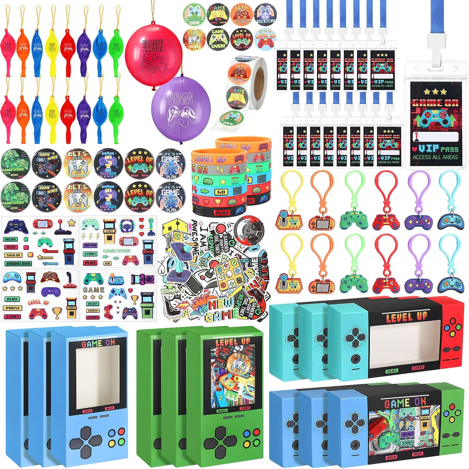 147 Pcs Video Game Party Favors for 12 Kids Gamer Goodie Bag Stuffers for Boys Gaming Birthday Party Supplies with Gift Boxes, VIP Pass, Balloons, Bracelets, Keychains, Badges, 3D Stickers