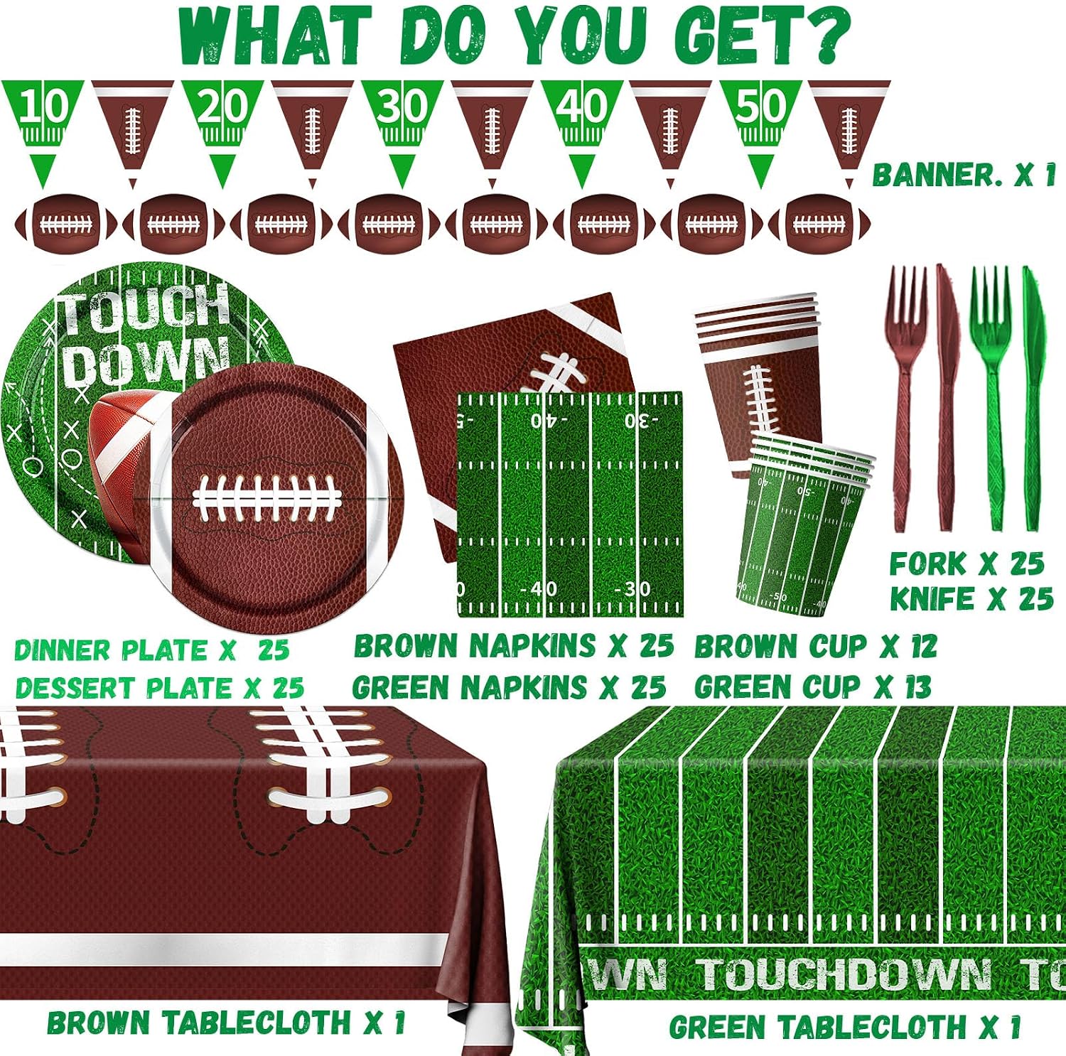 Football Party Supplies Kit Serve 25, 178Pcs Football Theme Party Decorations Includes Football Plates and Napkins Cups Banner Tablecloth for Football Birthday Game Day Tailgate Party Decorations - Image 5