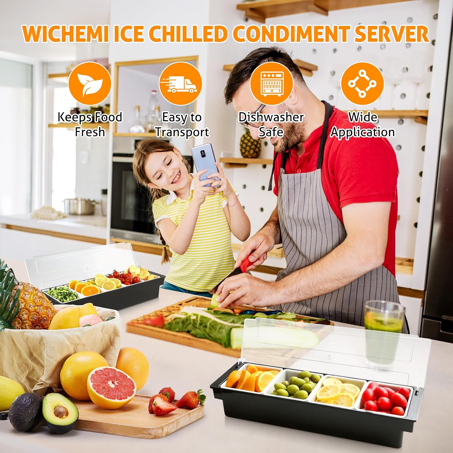 WICHEMI Condiment Container with Lid Ice Chilled Condiment Server with Ice Tray Fruit, Veggie & Condiment Caddy Plastic Garnish Station for Bartending Serving Taco, Salad Bar Container (4 Compartment) - Image 5