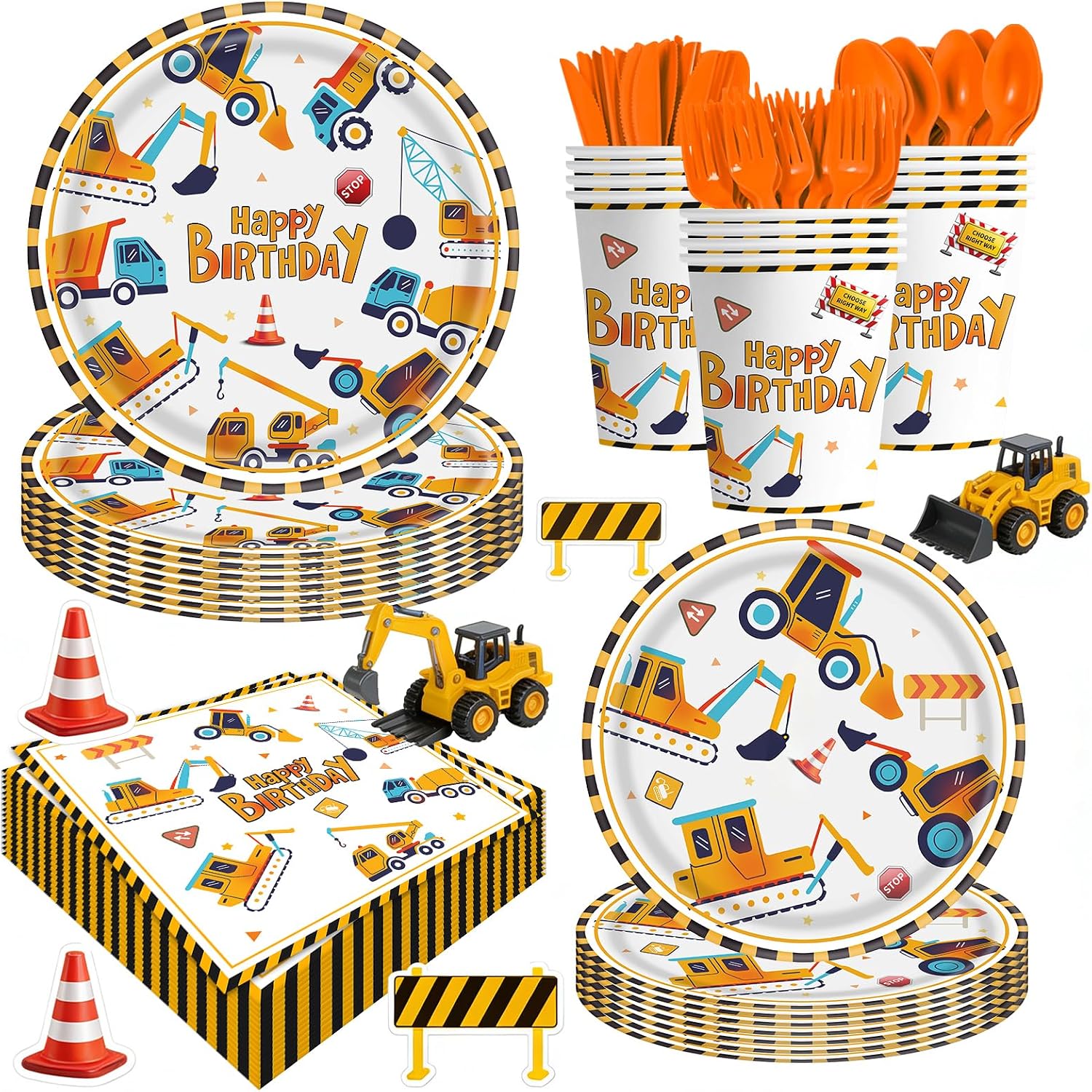140PCS Construction Birthday Party Supplies Construction Theme Decorations Includes Plates, Cups, Napkins, Cutlery, Perfect for Boys Kids Birthday Party, Serves 20 Guests