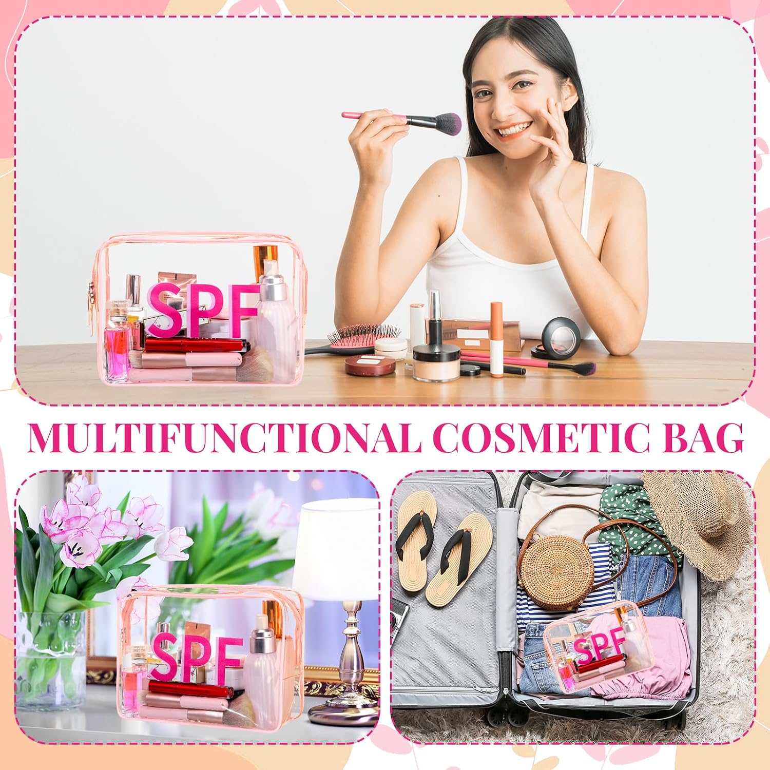 Shinylin Spf Clear Makeup Bag 9.5" x 7" x 3.5" Pink Beach Pouch Large Waterproof Travel Toiletry Cosmetic Bag PVC Transparent Zippered Organizer for Women Girl Summer - Image 6