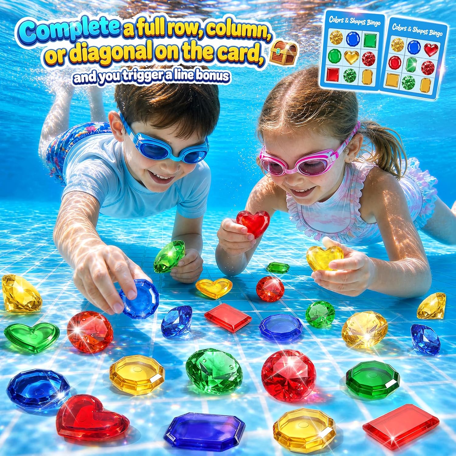 DISHIO Pool Diving Toys for Kids, Underwater Treasure Hunt Game with Pirate Chest, Diving Rings, 56PCS Gems, 40PCS Game Bingo Cards and Mesh Bag Swimming Pool Games Summer Toys for Boys Girls 4-12 - Image 4