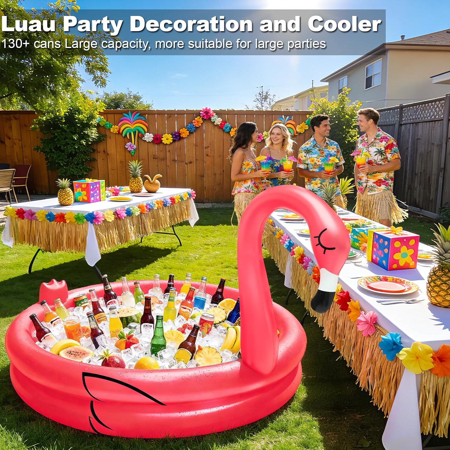 Inflatable Flamingo Cooler 130+ Cans Large Capacity, Bottom Quick-Drain, Luau Party Decor, Flamingo Pool Party Decorations, Beach Hawaiian Birthday Party Supplies Tropical Themed Summer Drink Cooler - Image 6