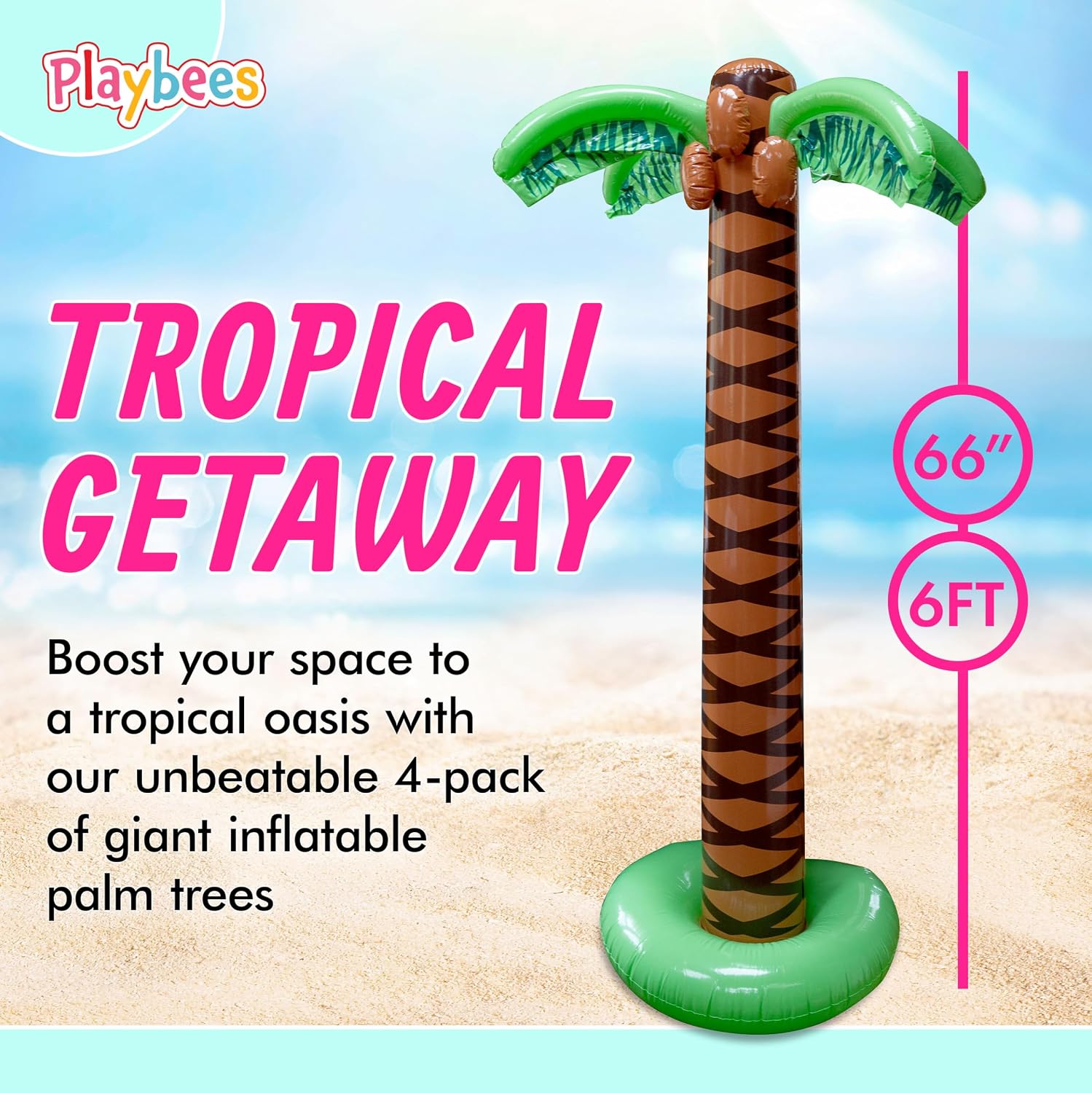 Playbees Giant Inflatable Palm Trees 6 Foot - 4 Pack - Beach Party Decorations for Summer Luau Themed Pool Party, Tropical Hawaiian Blow Up Palm Tree Favors - Poolside Ambiance, Easy Inflation - Image 4