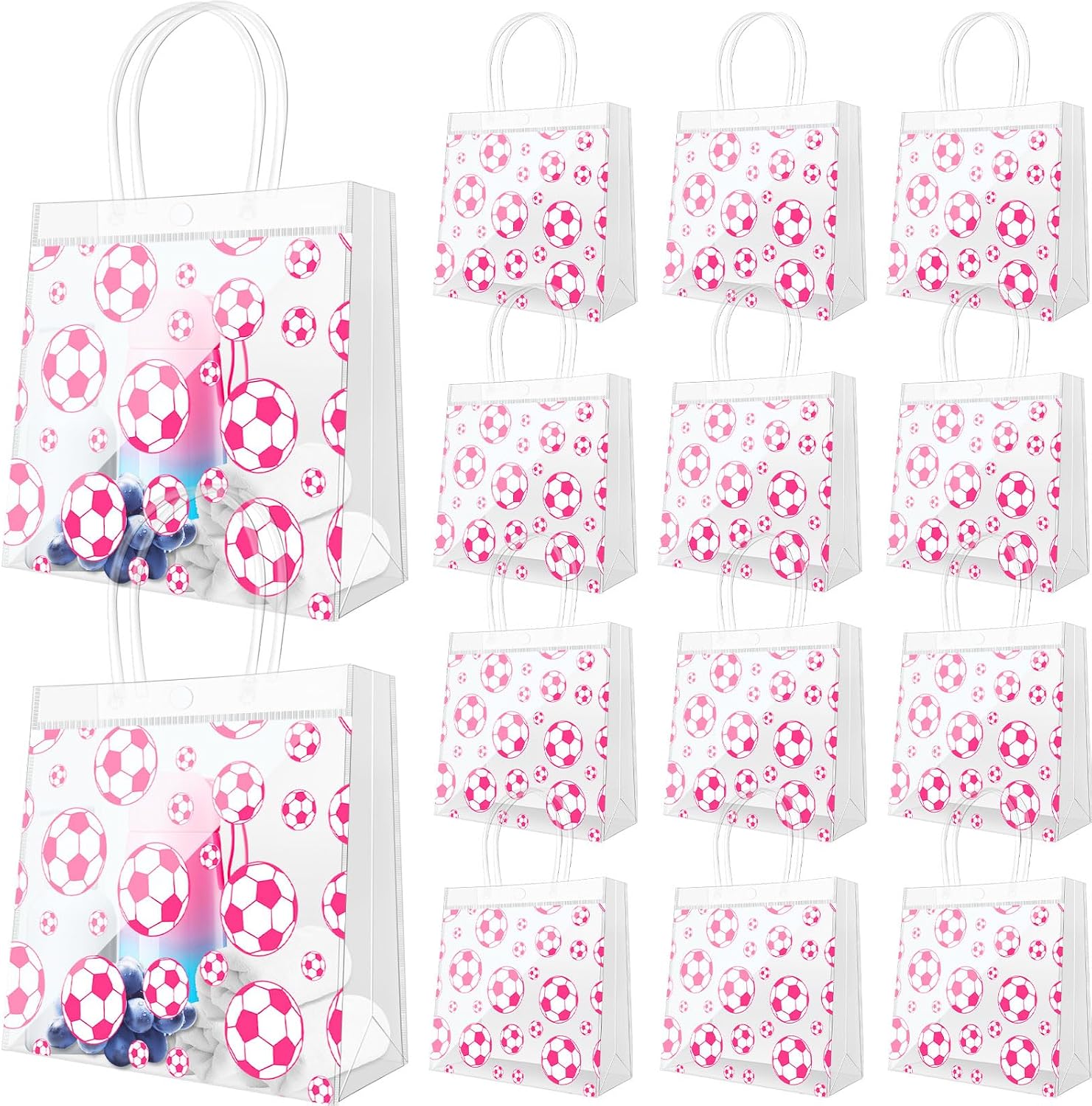 Demonwer 12 Pcs Pink Soccer Clear Goodie Bag with Handles PVC Sport Theme Goodie Treat Candy Bags Reusable Party Favor Bag for Team Birthday Gifts 8×8×3.2 Inch