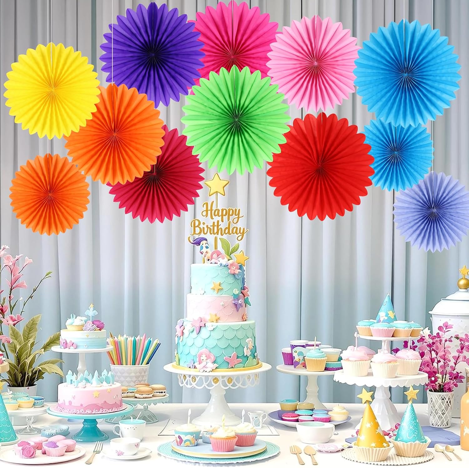 BestoFun 12PCS Paper Fans Mexican Party Decorations Tissue Paper Flowers Decorations Paper Fans Party Decorations for Girl Groovy Birthday Baby Shower Wedding Bachelorette Room Wall Hanging Décor - Image 2