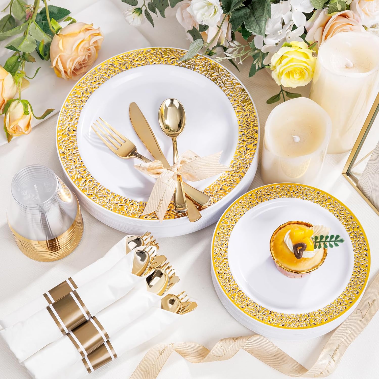 WELLIFE 50 Guests Dinnerware Sets, Gold Plastic Plates,Platos Para Fiestas Elegantes Desechables Include:50 Dinner Plates, 50 Dessert Plate, 150 Pcs Gold Plastic Silverware, 50 Cups for Party - Image 4