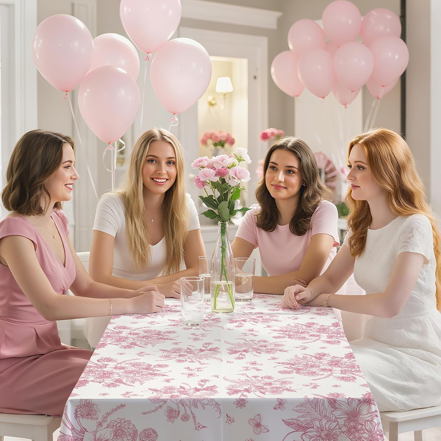 3 Pcs Pink Floral Plastic Tablecloths, 54 X 108Inch Tea Party Tablecloth Disposable Wedding Table Cloth Pink and White Porcelain Tables Decor for Garden Wedding Tea Party Birthday Baby Bridal Shower - Image 7