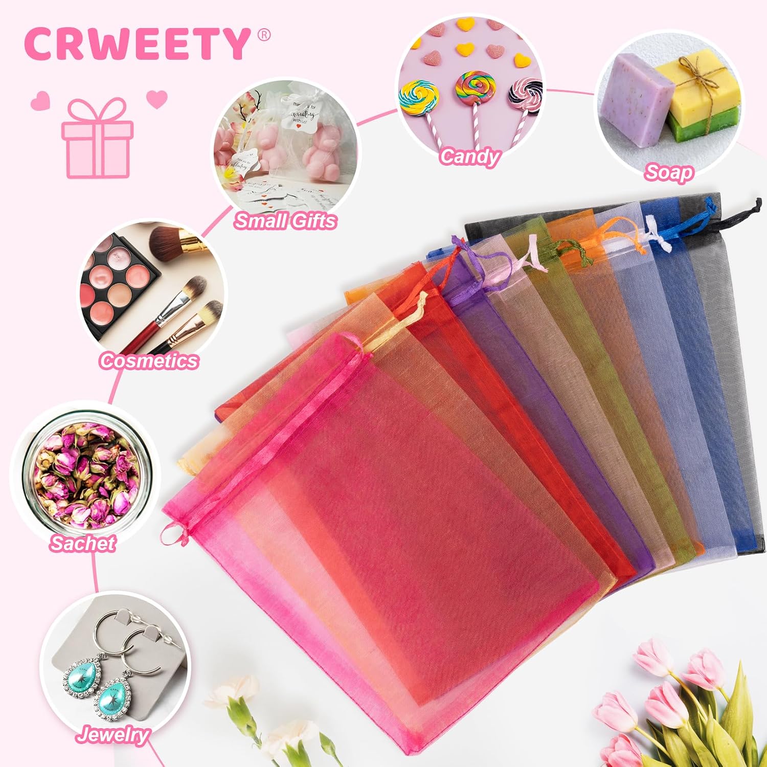Crweety 50 Pcs Pink Organza Bags 3x4 In, Small Gift Bags Bulk for Jewelry Candy Soap Makeup Sachet, Cute Mini Mesh Goodie Bag Drawstring for Wedding Baby Shower Party Favors & Graduation Gifts - Image 6