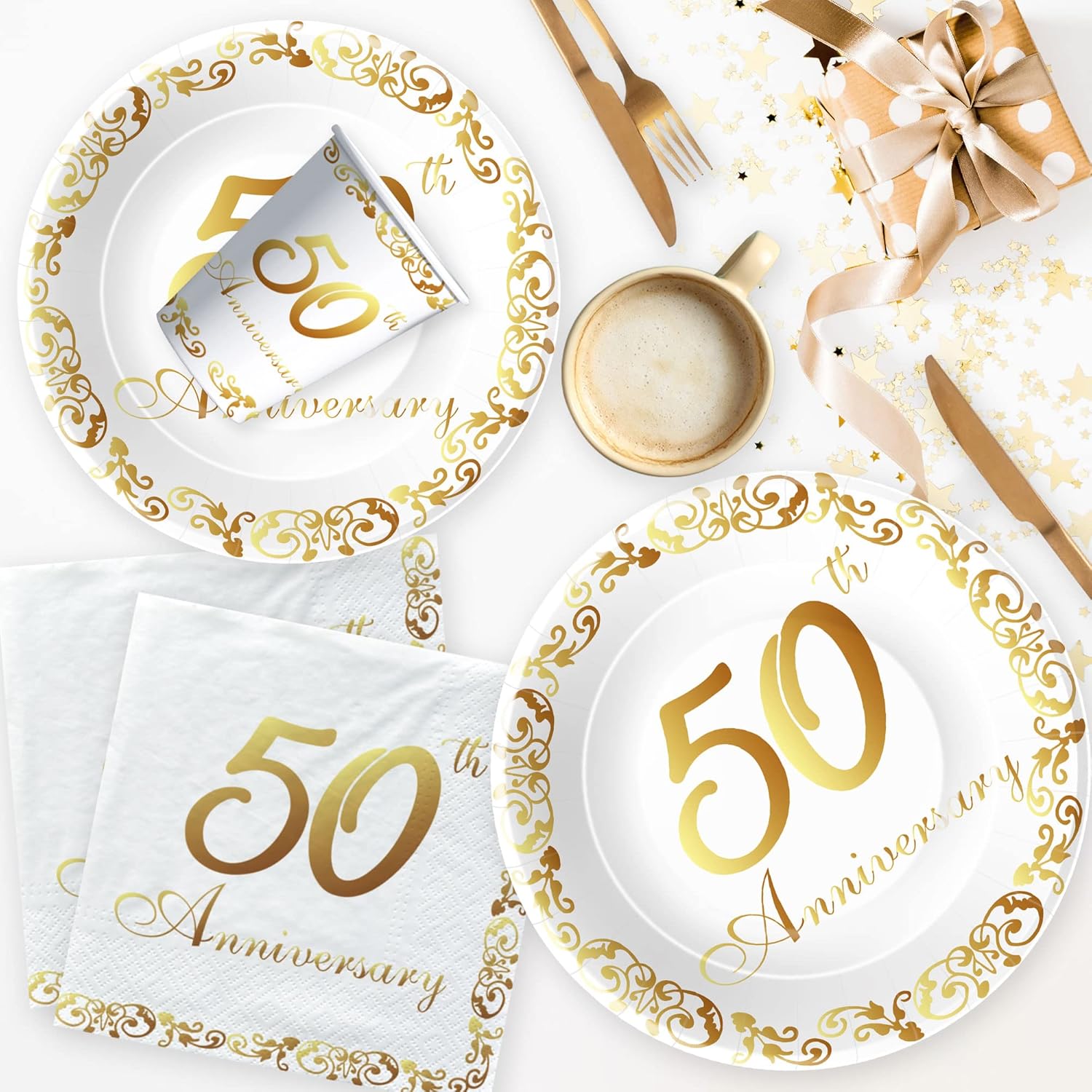 APOWBLS 50th Anniversary Decorations And Supplies Tableware - Golden 50th Wedding Anniversary Decorations Party Supplies, Paper Plate, Napkin, Tablecloth, Fork | Serves 24 - Image 7