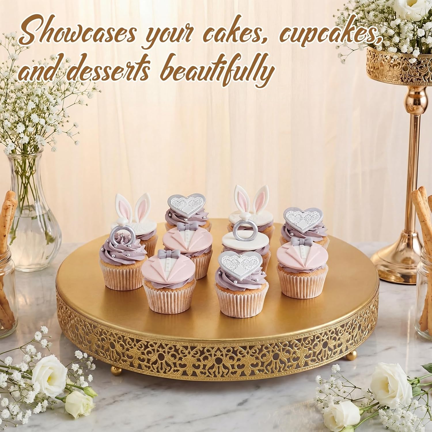 Wenqik 20 Inch Gold Cake Stand Set Metal Round Cupcake Dessert Stand with Cake Cutting, Spatula Wedding Cupcake Pastry Display Candy Holder Display for Wedding Party Birthday Baby Shower(Classic) - Image 5