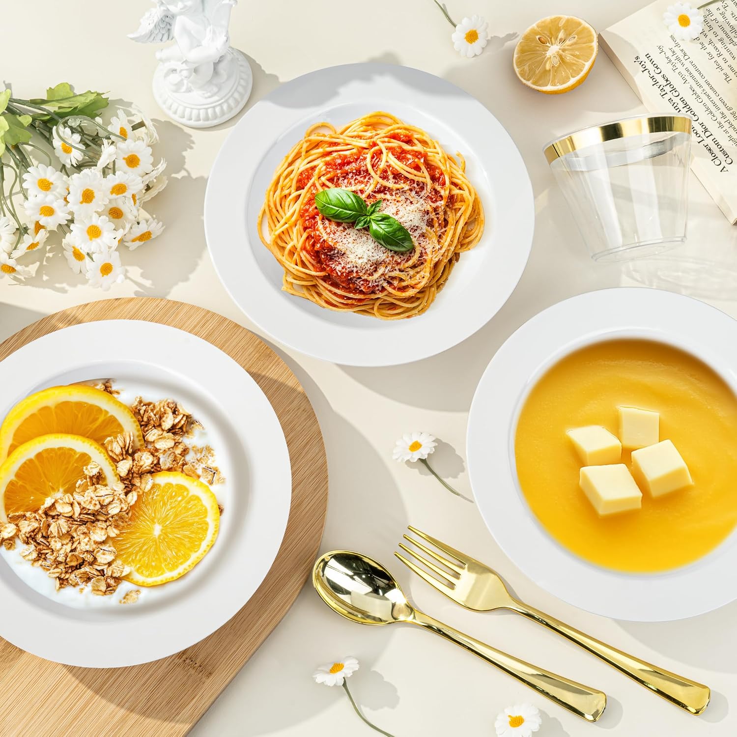 BESTVIP Gold Dinnerware Set for 100 Guests, Plastic Dinnerware Set for Party, Include: 100 Gold Dinner Plates, 100 White Bowls, 100 Dessert Plates, 100 Silverware Set, 100 Cups, 100 Paper Napkins - Image 8